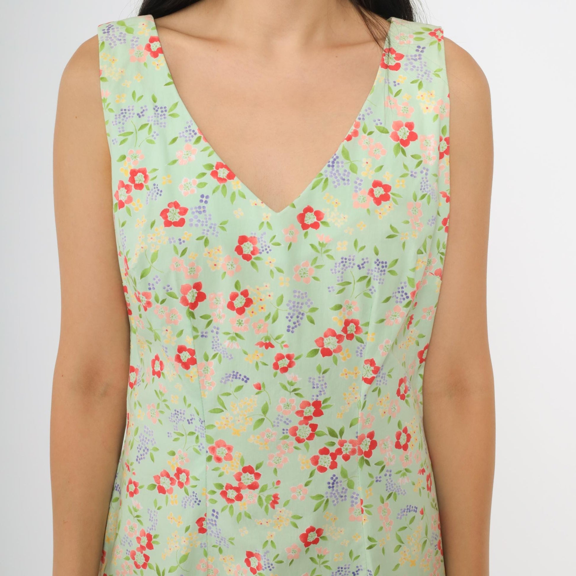 90s CDC Mint Floral Mini Dress Sleeveless V-Neck Small S