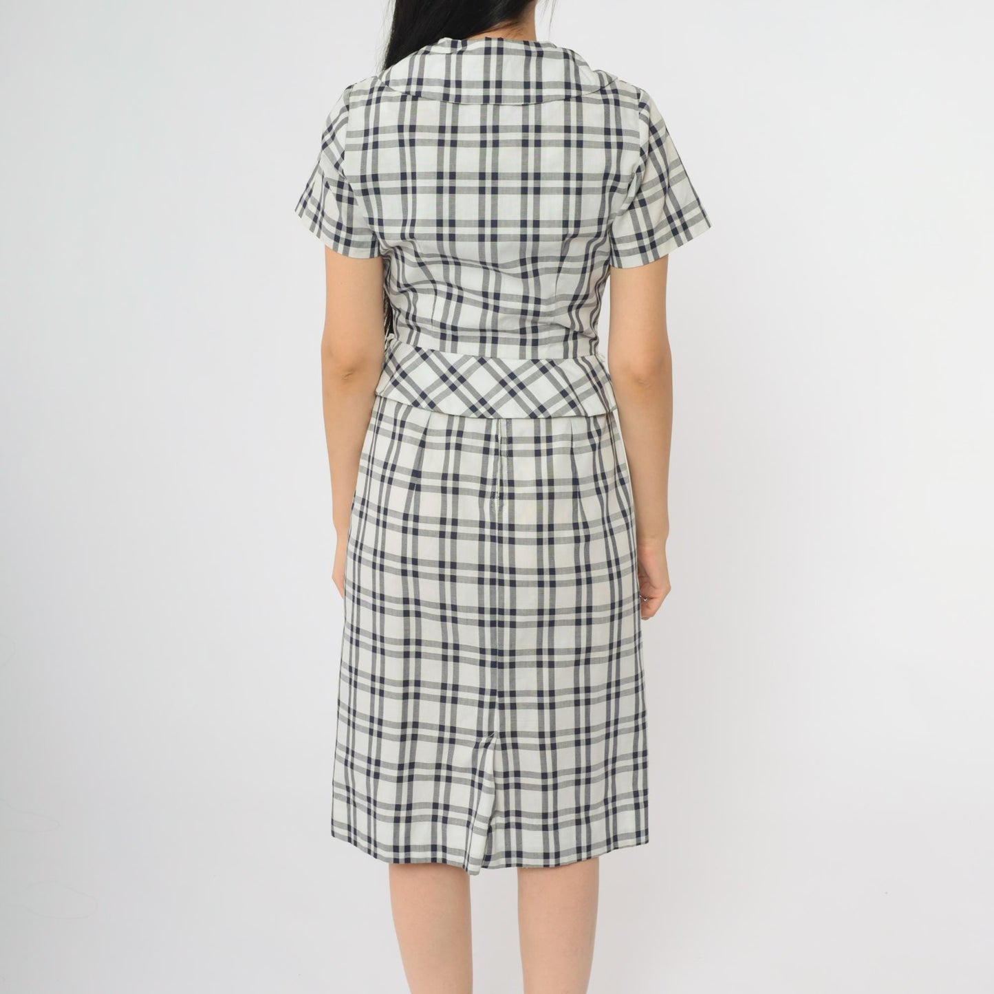 60s Betty Barclay Plaid Two Piece Set Navy White Check Jacket Dress XS