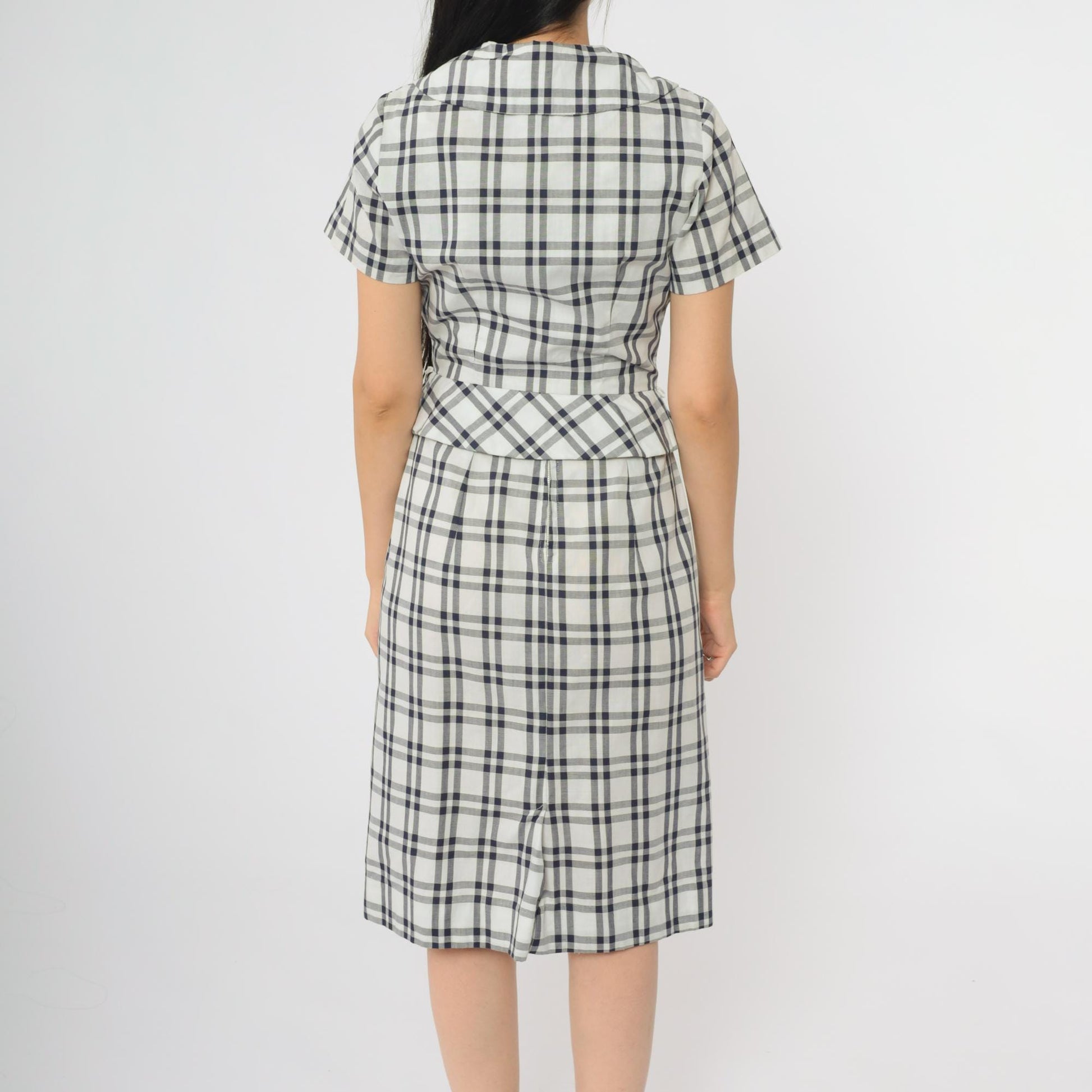 60s Betty Barclay Plaid Two Piece Set Navy White Check Jacket Dress XS