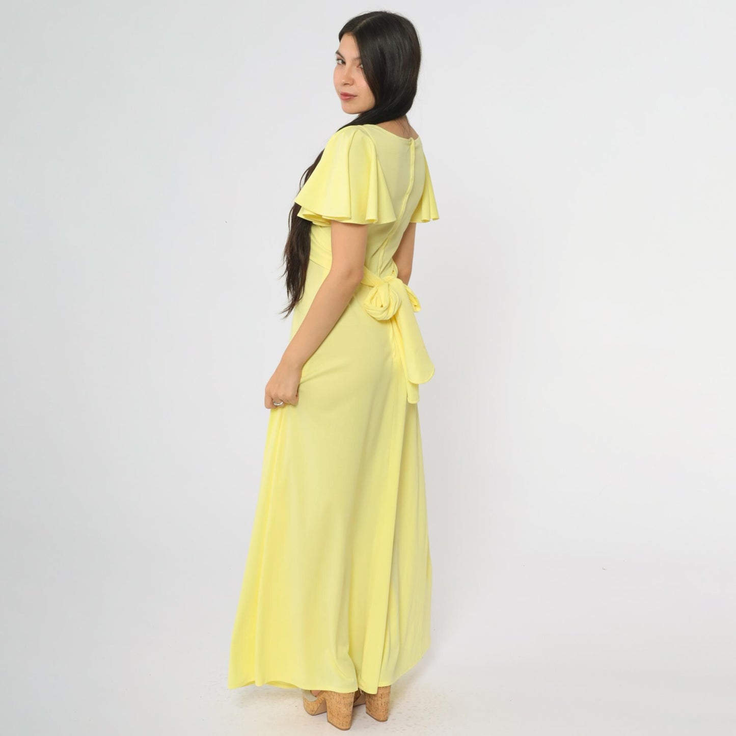 70s Yellow Maxi Wrap Dress Flutter Sleeves V-Neck Tie Waist Small