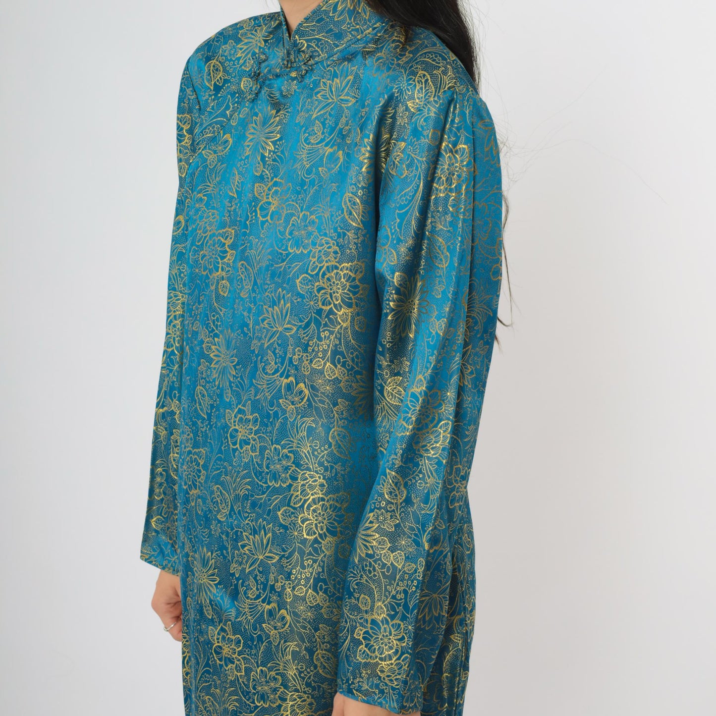 90s Teal Cheongsam Dress Gold Floral Brocade Midi Mandarin Collar Medium M