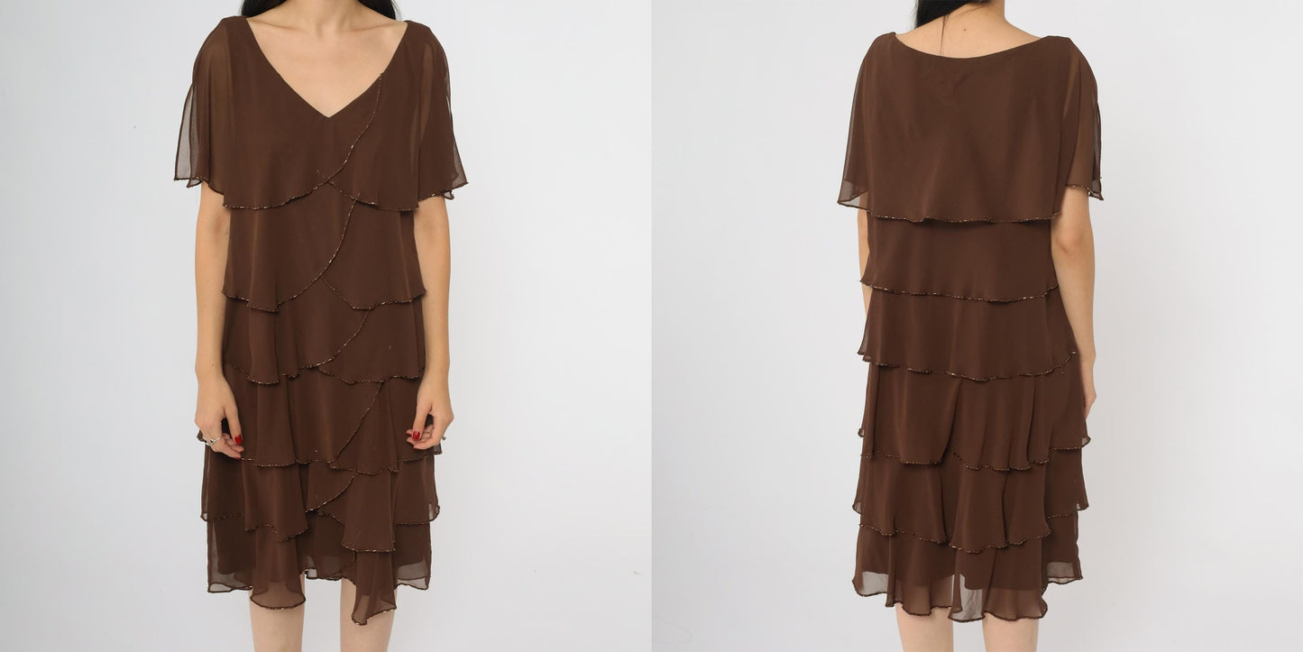 Y2K Patra Chocolate Brown Tiered Midi Dress Beaded Flutter Sleeves Large