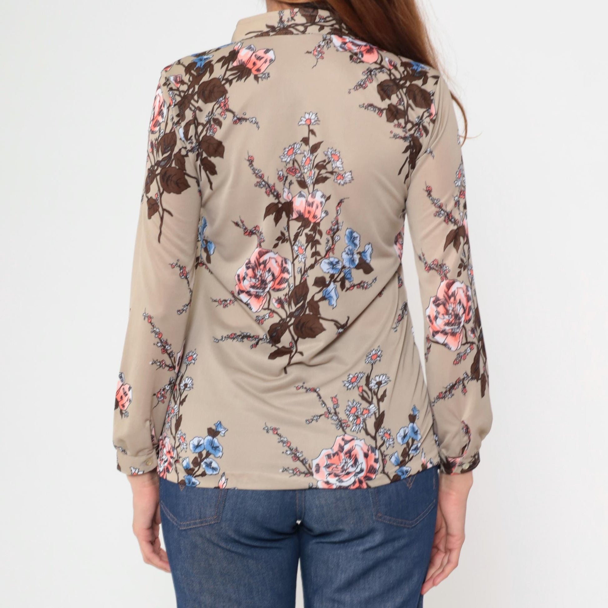 70s Botanical Rose Print Pullover Blouse Long Sleeve Pink Blue Tan Medium M