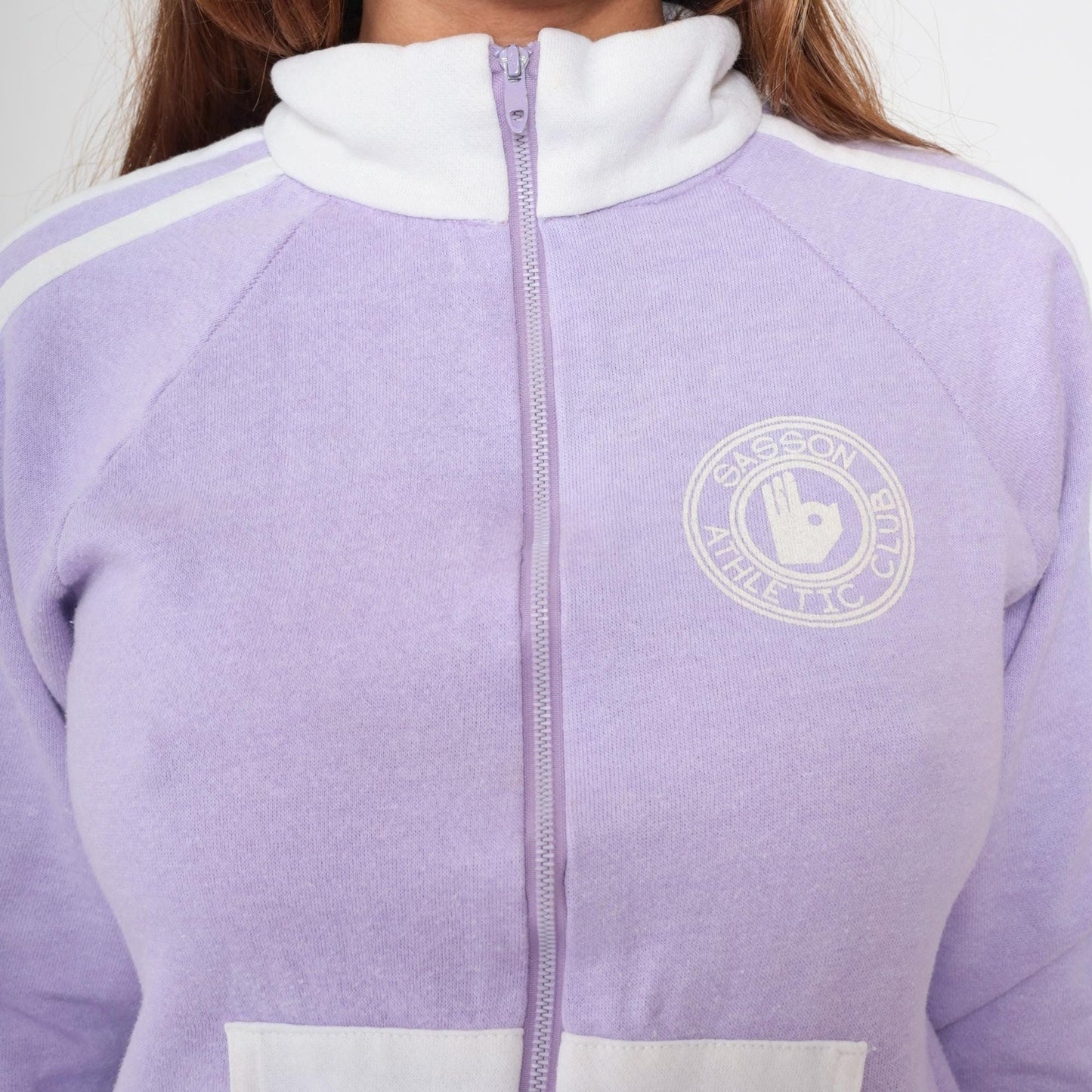 80s Sasson Lavender Track Jacket White Racing Stripe Zip Front Small
