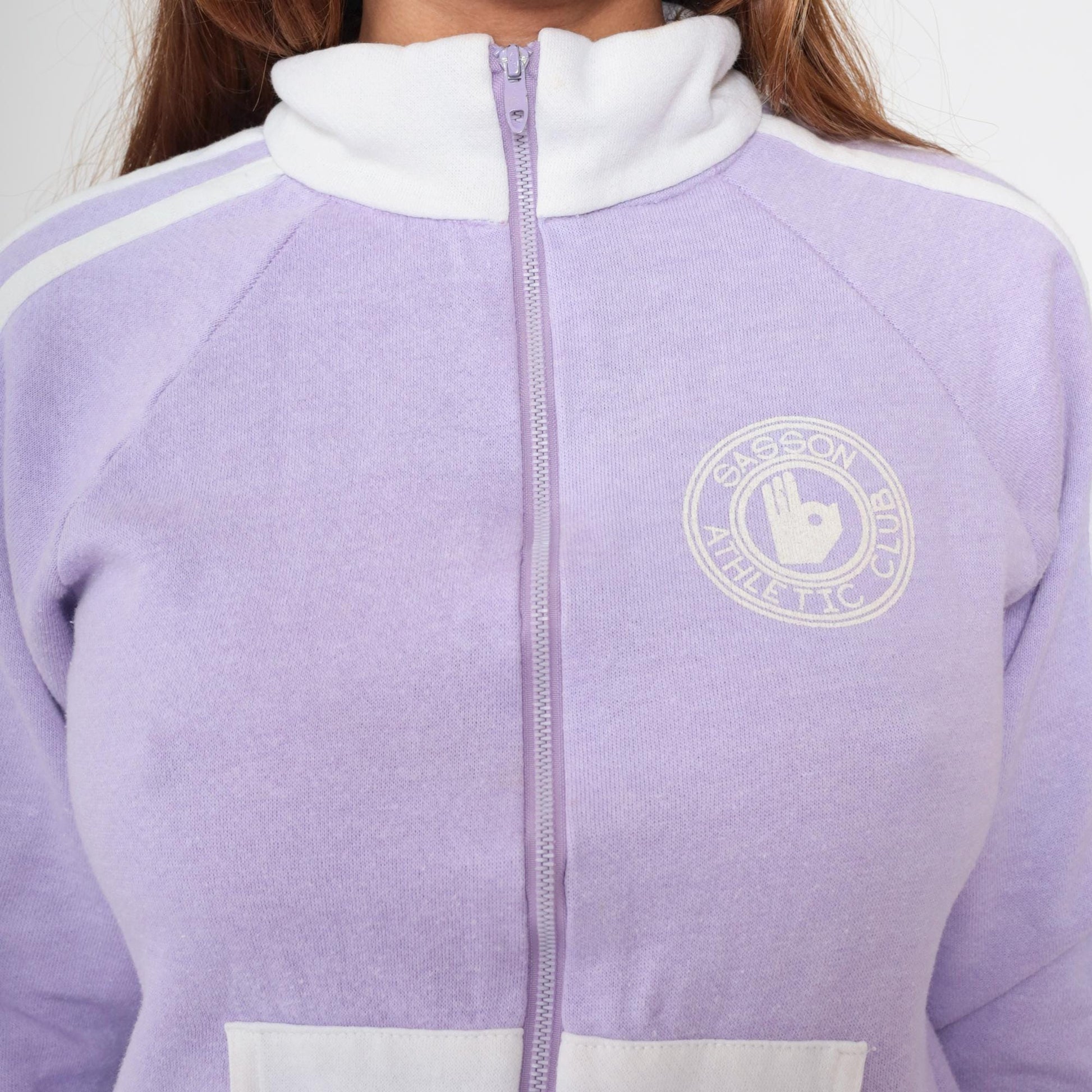 80s Sasson Lavender Track Jacket White Racing Stripe Zip Front Small