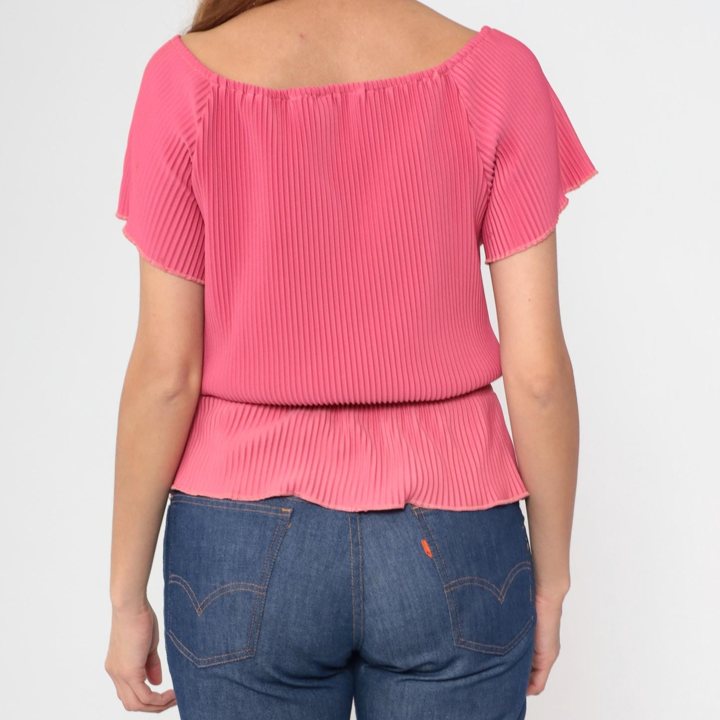 70s Coral Pink Off-Shoulder Blouse Flutter Sleeve Tie Front Medium