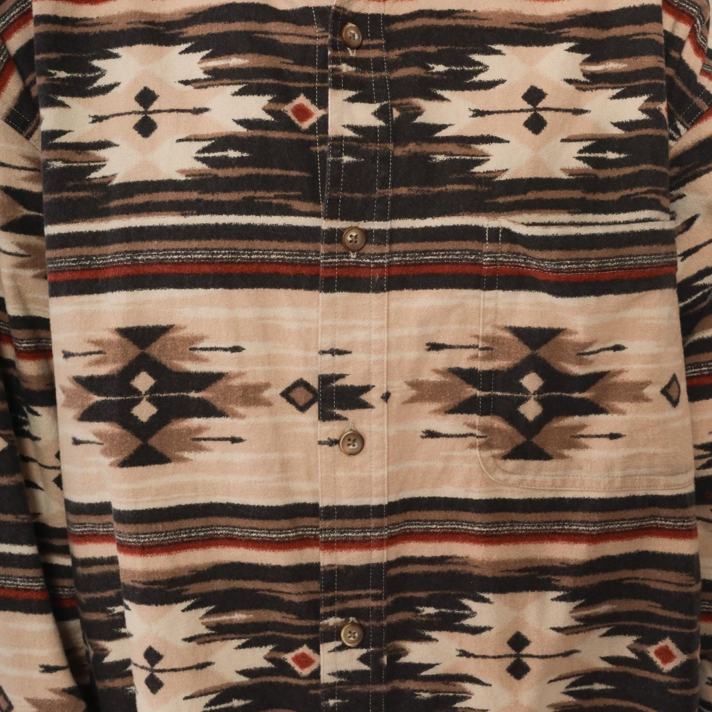 Y2K Woods & Water Southwestern Flannel Shirt Beige Black Red Tribal Button Down Extra Large XL