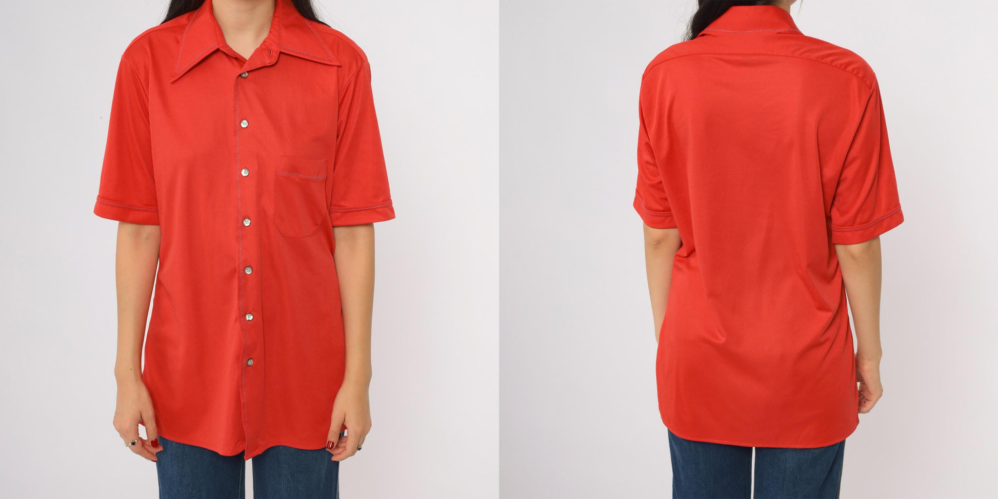 70s Arrow Button Shirt Orange-Red Short Sleeve Chest Pocket Medium M