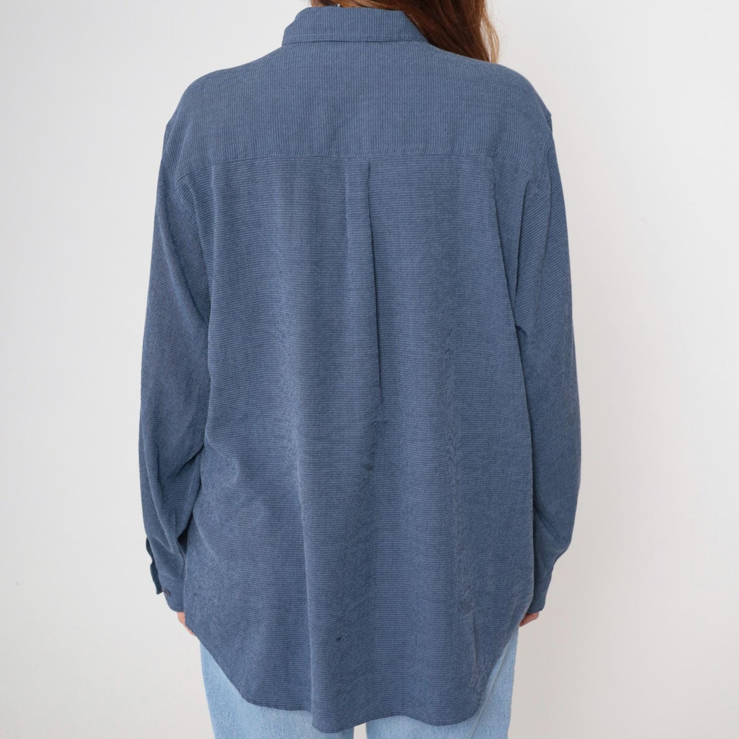 Y2K Blue Floral Button-Down Shirt Long Sleeve Pointed Collar Extra Large
