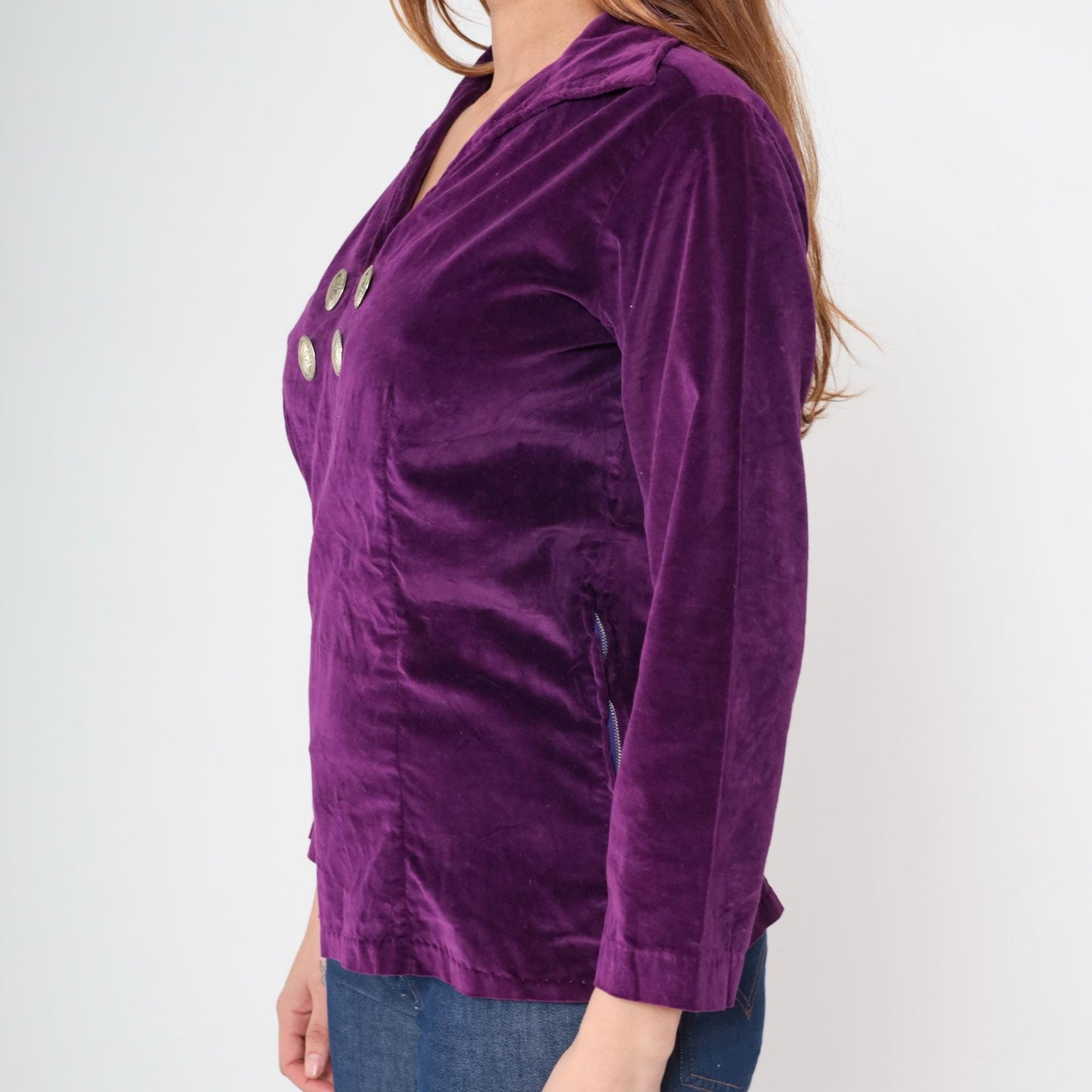70s Purple Velvet Blouse V Neck Long Sleeve Silver Buttons Medium M
