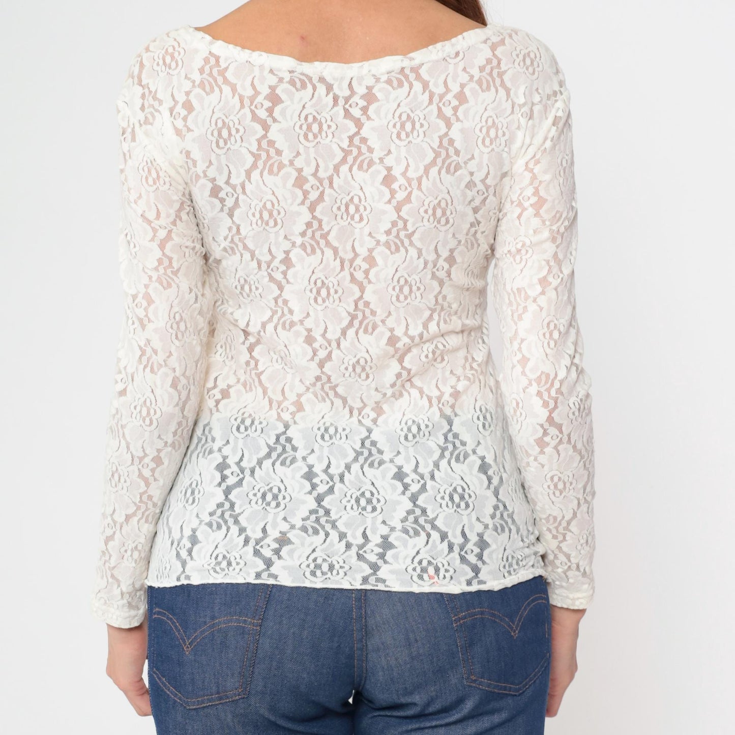 80s White Floral Lace Sheer Blouse U-Neck Long Sleeve Medium