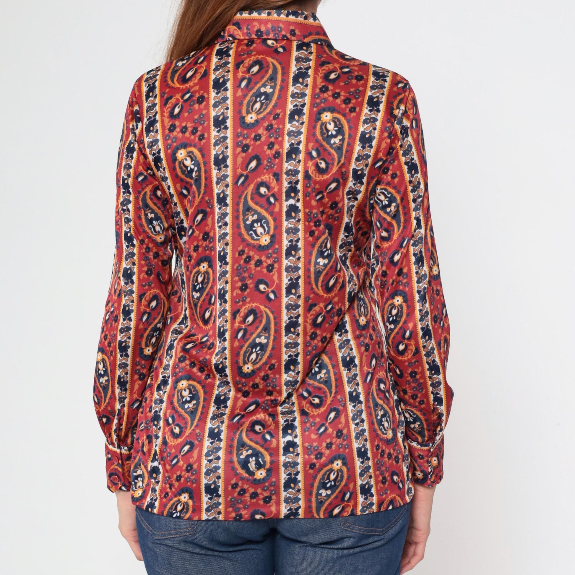 70s Paisley Dagger Collar Blouse Rust Red Button Up Long Sleeve Medium