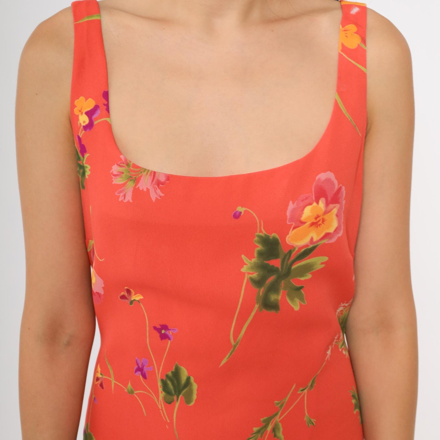90s Coral Floral Maxi Dress Sleeveless Square Neck Tie Back Large