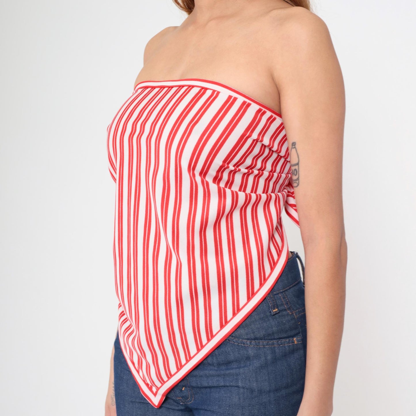 70s Red White Striped Bandana Halter Top Triangle Tie-Back One Size