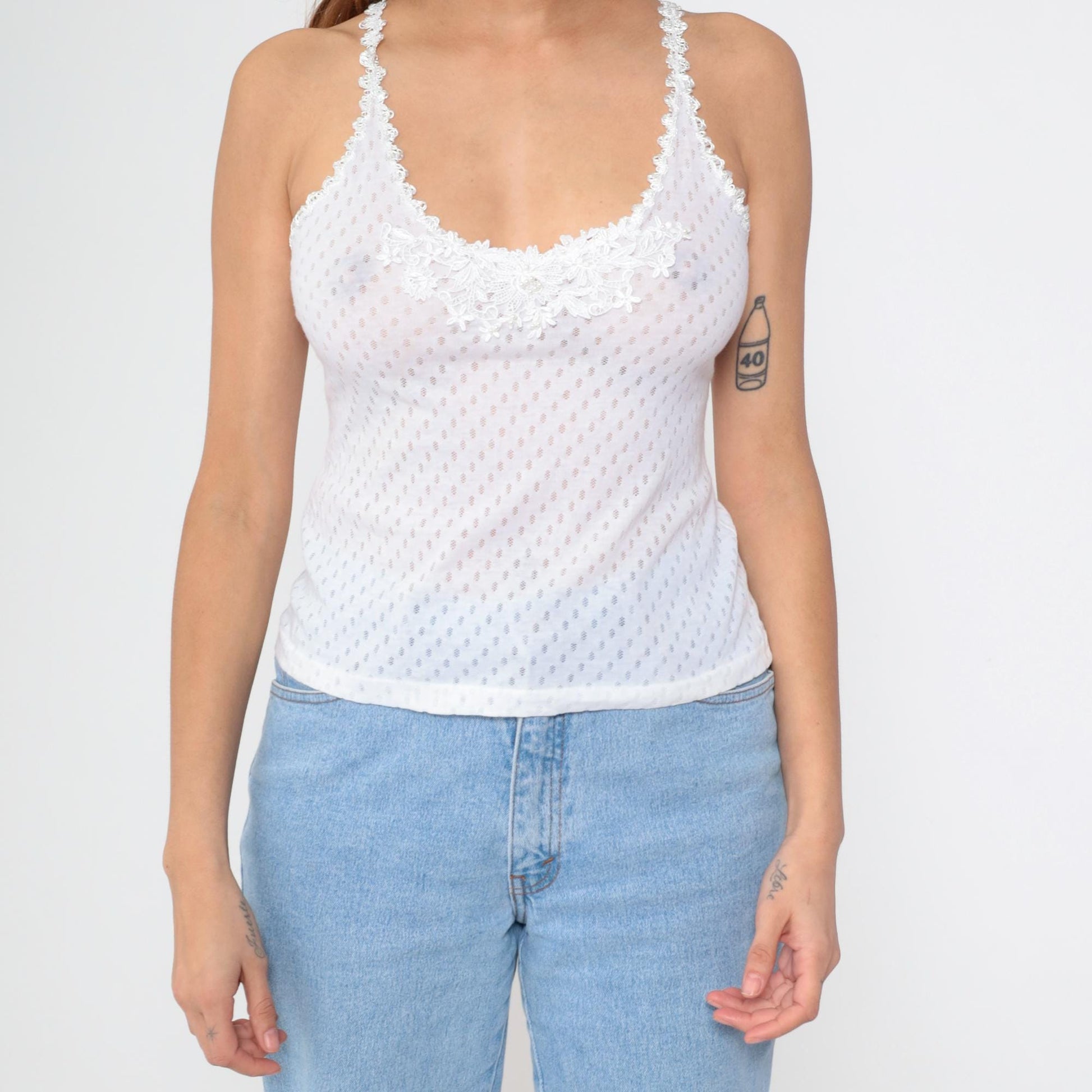 90s Karessah White Eyelet Camisole Lace Trim Spaghetti Straps Medium M