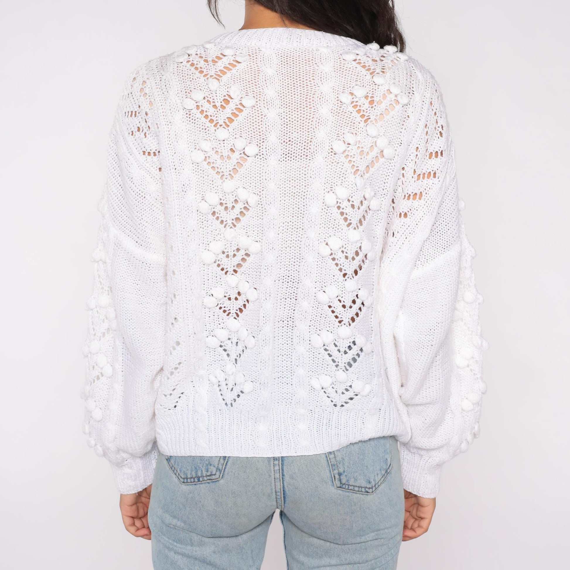 80s White Eyelet Crochet Cardigan Button-Front Scalloped Lace Large L
