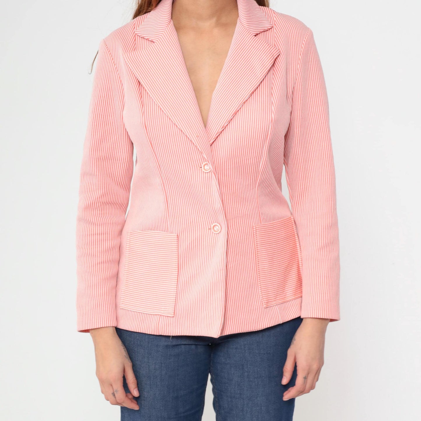 70s Pink White Pinstripe Blazer Button Front Notched Lapel Medium M