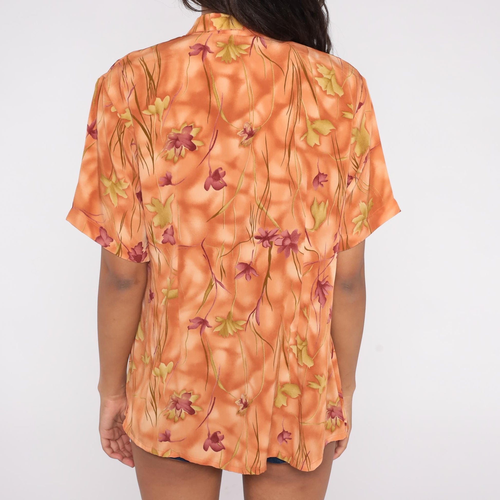 90s Orange Floral Print Blouse Rossela Button Up Short Sleeve Large L