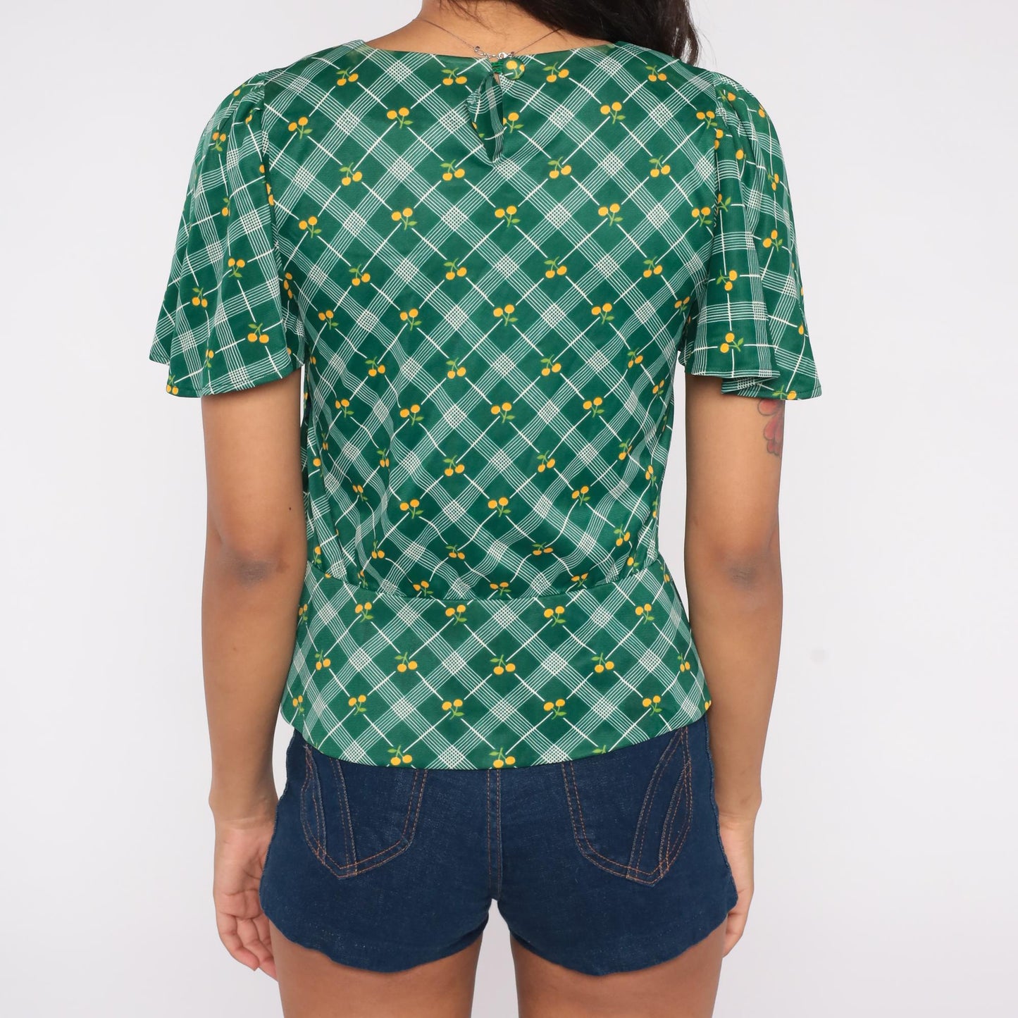 70s Green Argyle Cherry Print Blouse Flutter Sleeve Small S
