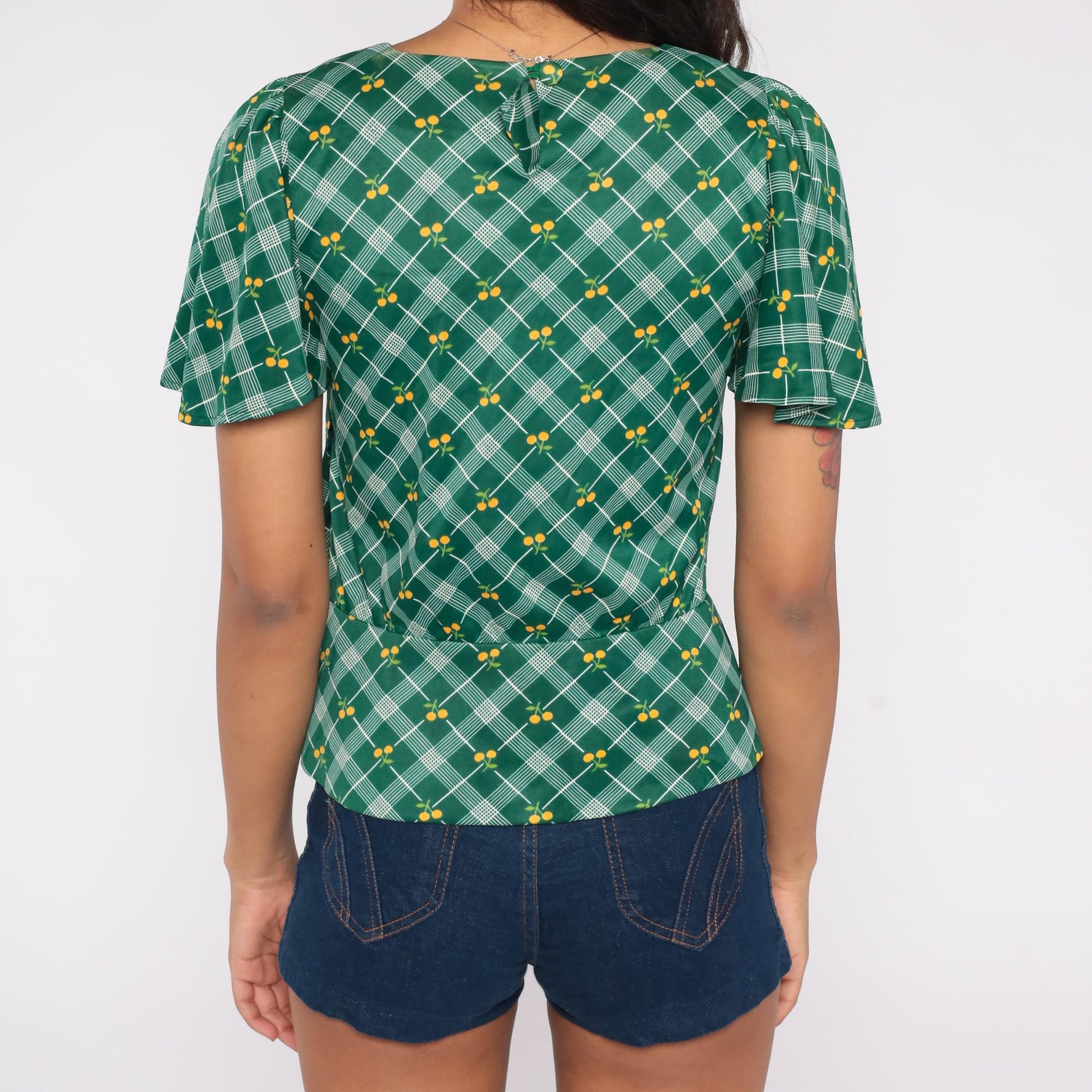 70s Green Argyle Cherry Print Blouse Flutter Sleeve Small S
