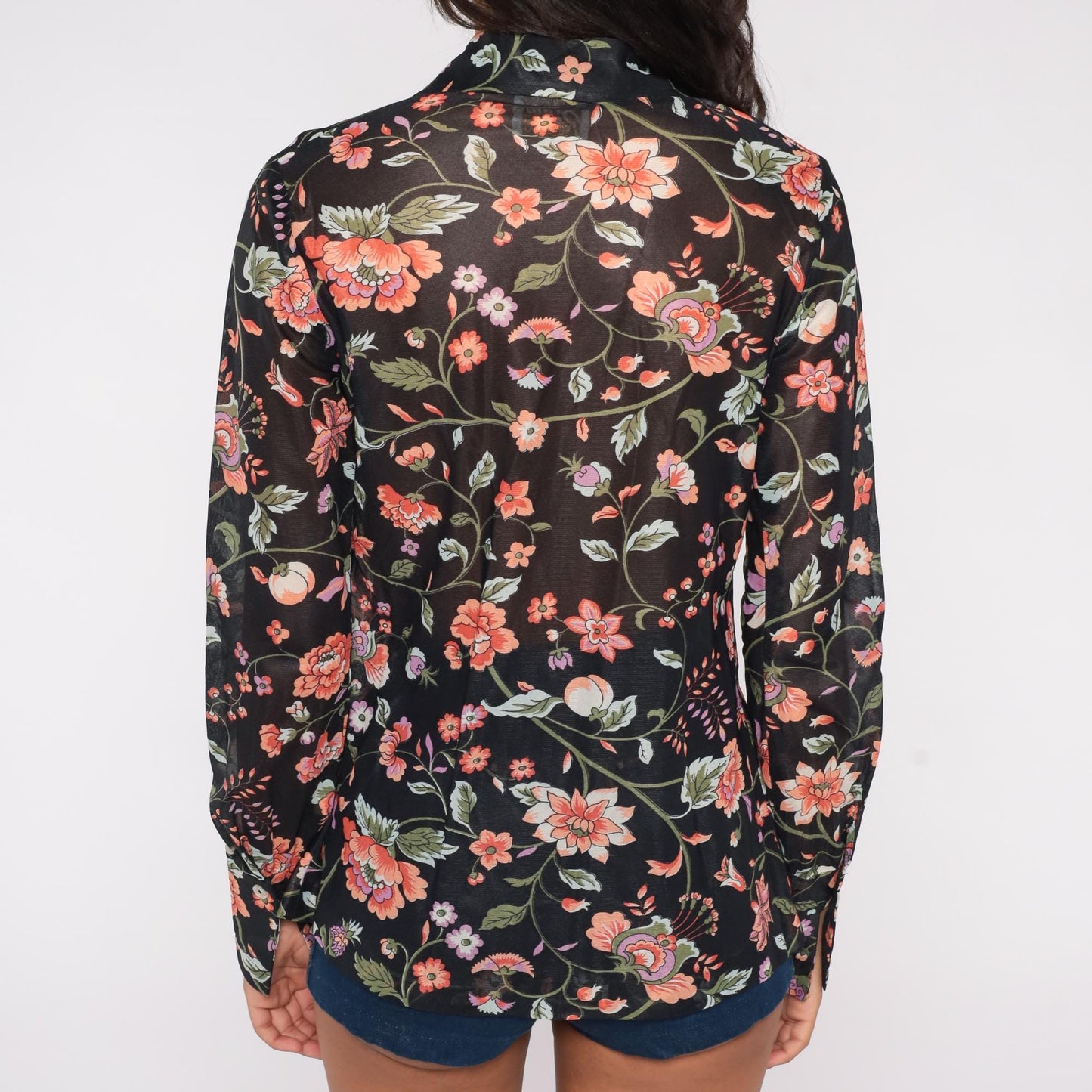 70s Rina California Black Floral Blouse Long Sleeve Botanical Print Small