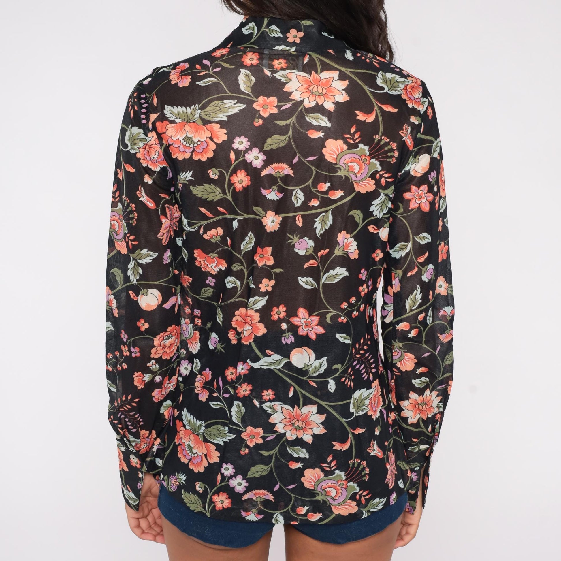 70s Rina California Black Floral Blouse Long Sleeve Botanical Print Small