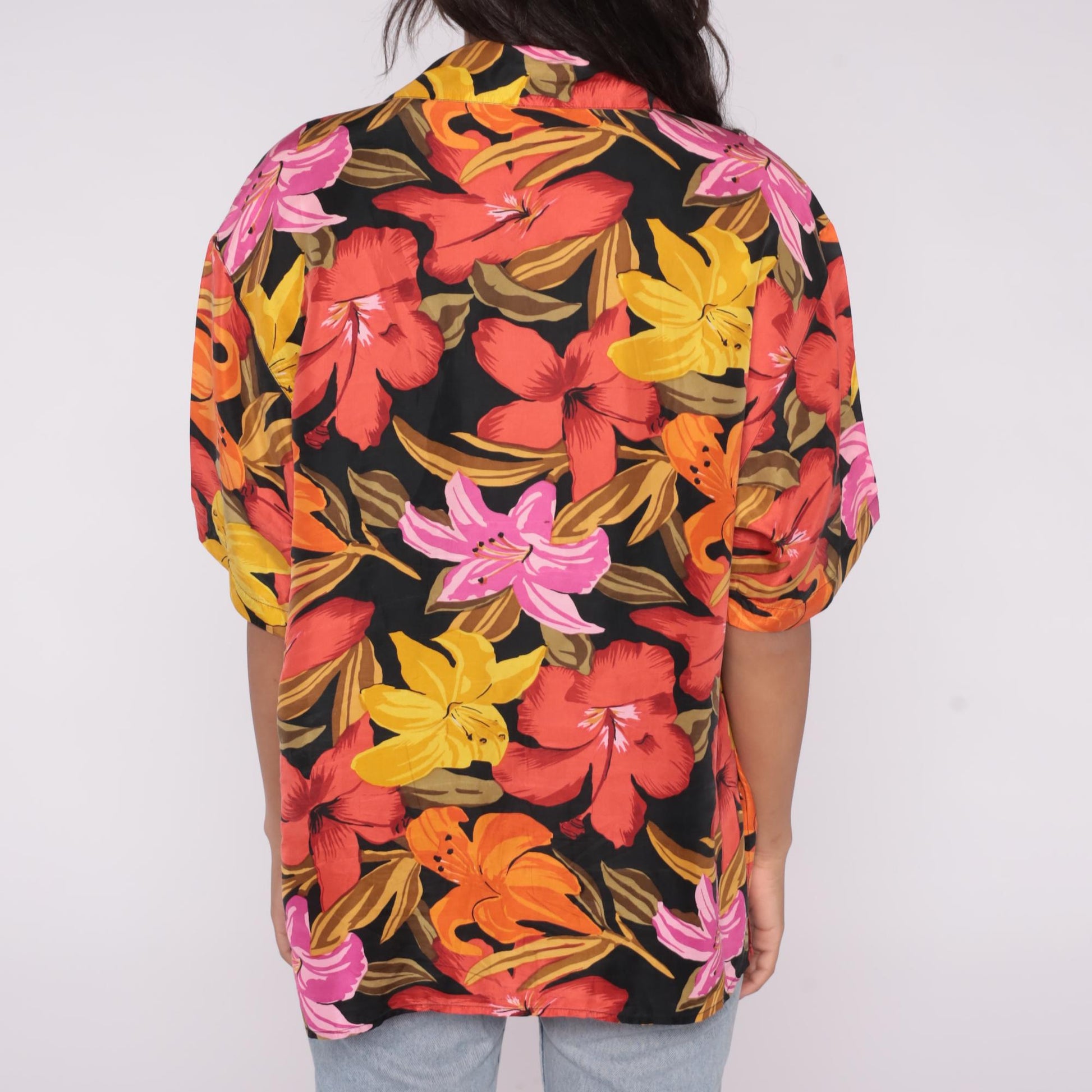 90s Partners Mervyns Hawaiian Silk Shirt Tropical Floral Camp Collar Large L