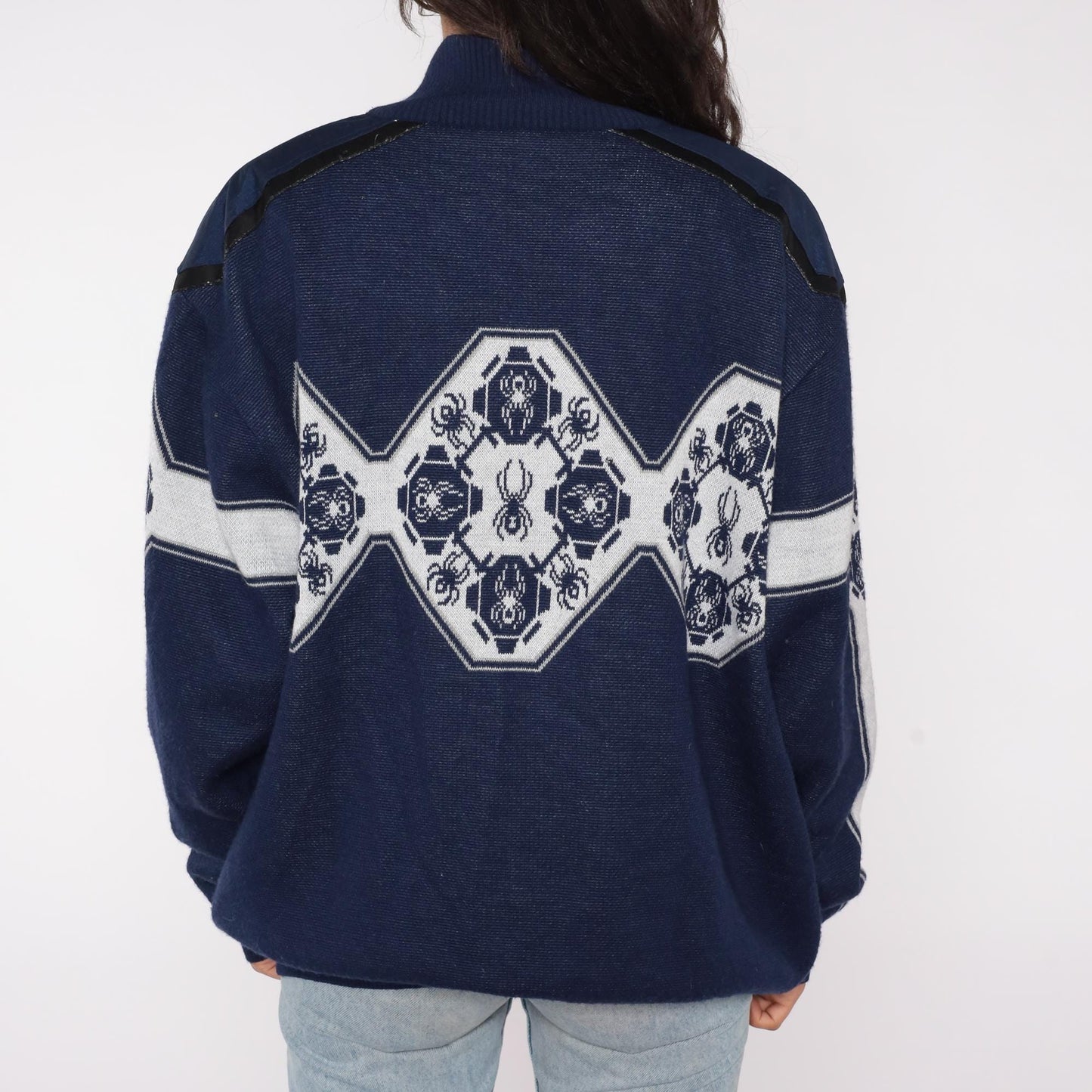 Y2K Spyder Ski Sweater Navy Blue White Geometric Half Zip Knit Extra Large XL