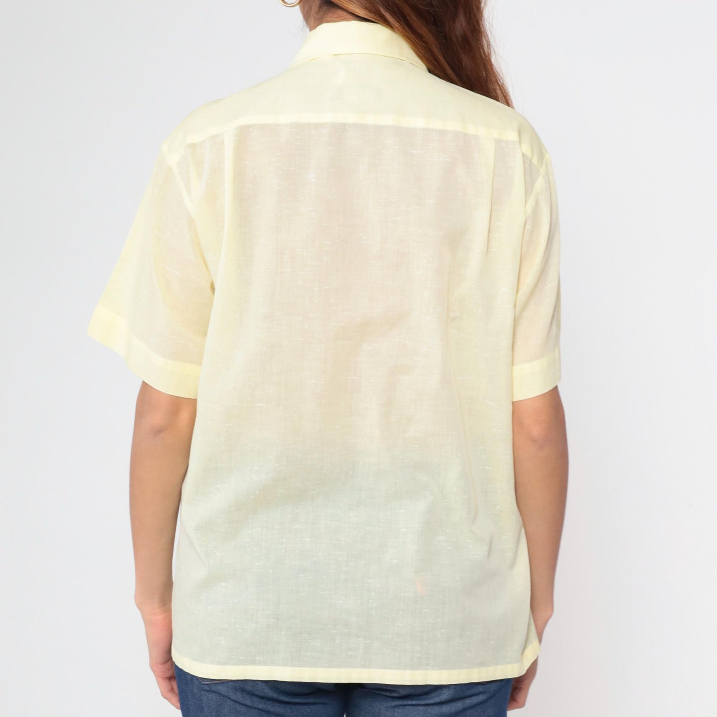 70s Yellow Dagger Collar Button-Up Shirt Short Sleeve Chest Pocket Medium M