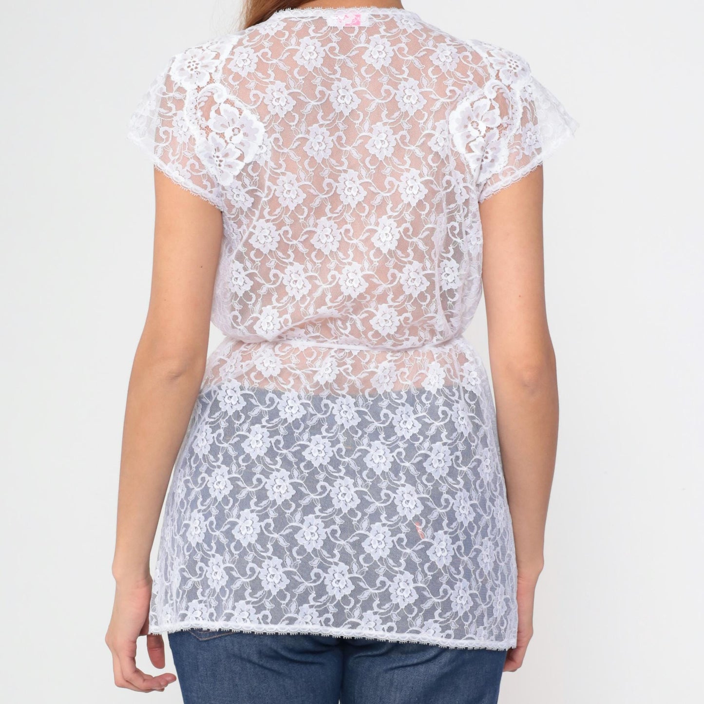 90s Karessa White Lace Blouse Floral Tie Front Cap Sleeve Small S
