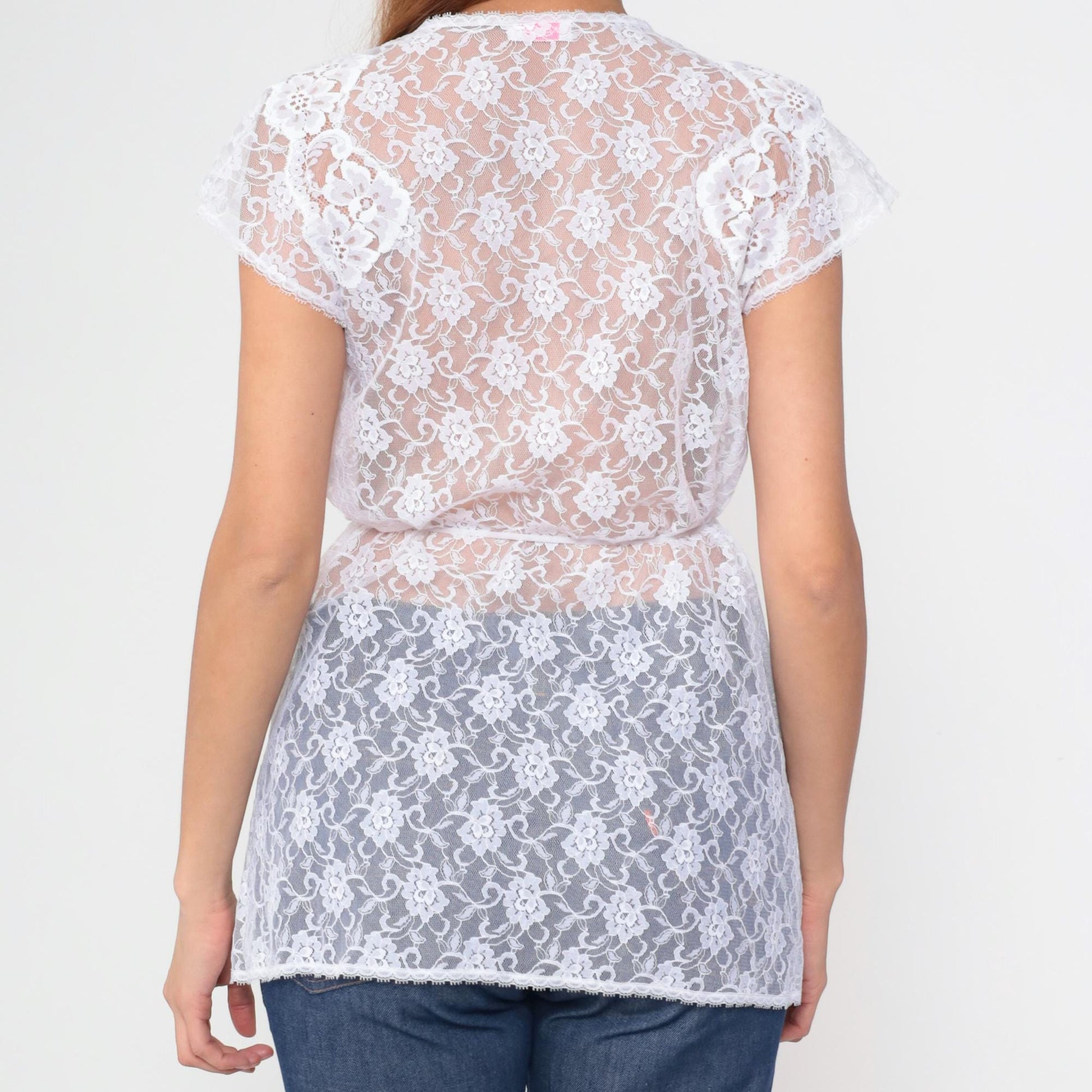 90s Karessa White Lace Blouse Floral Tie Front Cap Sleeve Small S