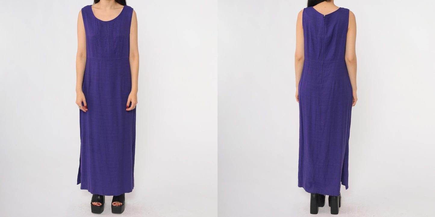 90s Karin Stevens Purple Maxi Dress Embroidered Sleeveless Large L