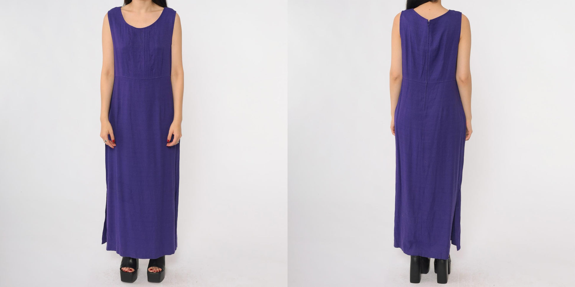 90s Karin Stevens Purple Maxi Dress Embroidered Sleeveless Large L