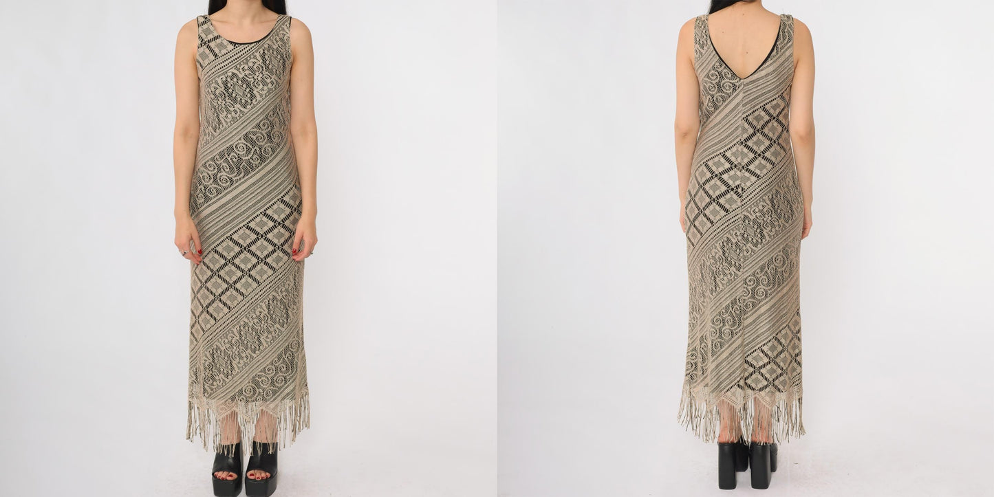 Y2K Crochet Lace Midi Dress Taupe Geometric Fringe Bodycon Small