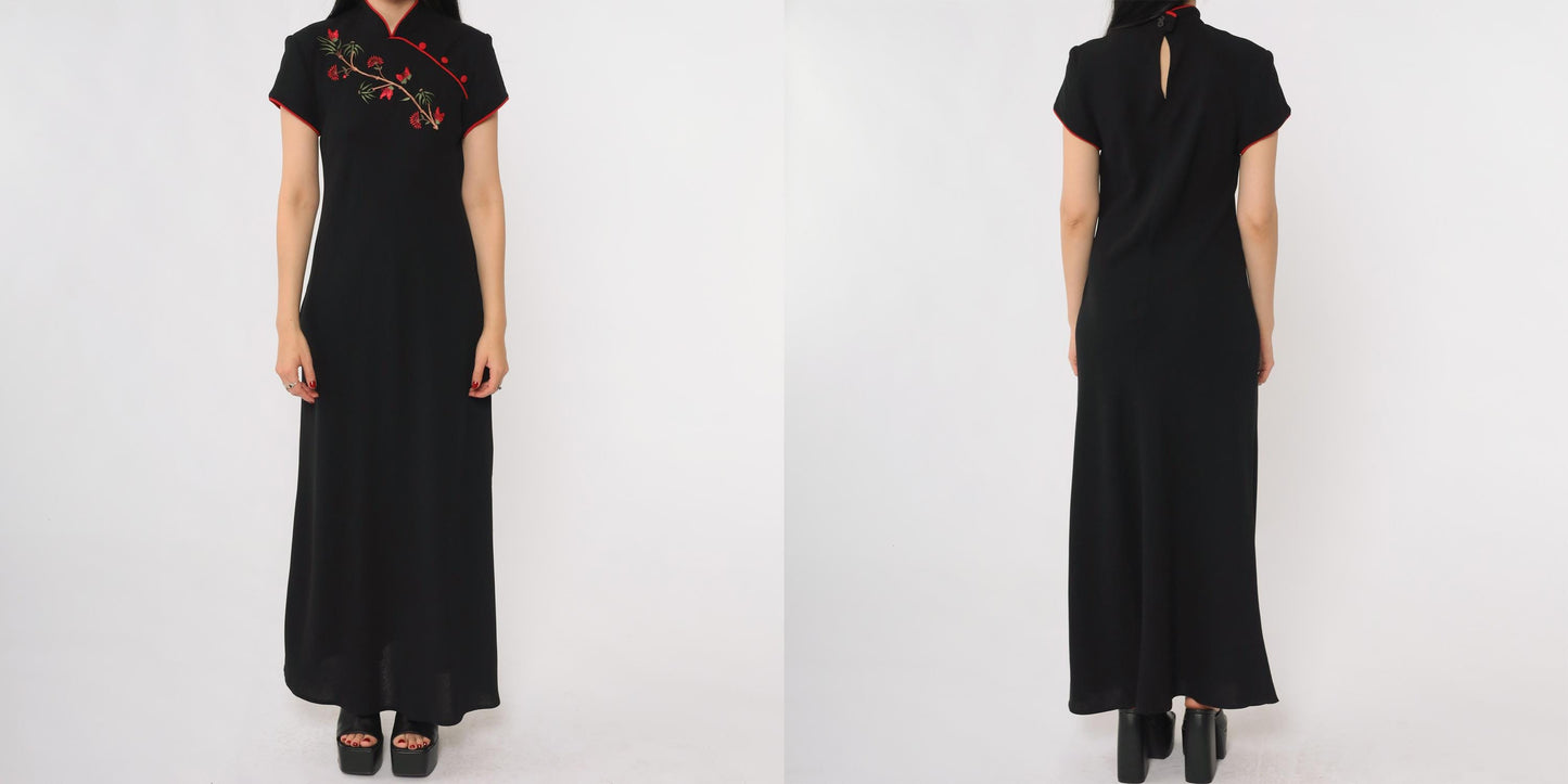 90s S.L. Fashions Black Cheongsam Maxi Dress Mandarin Collar Red Piping Medium