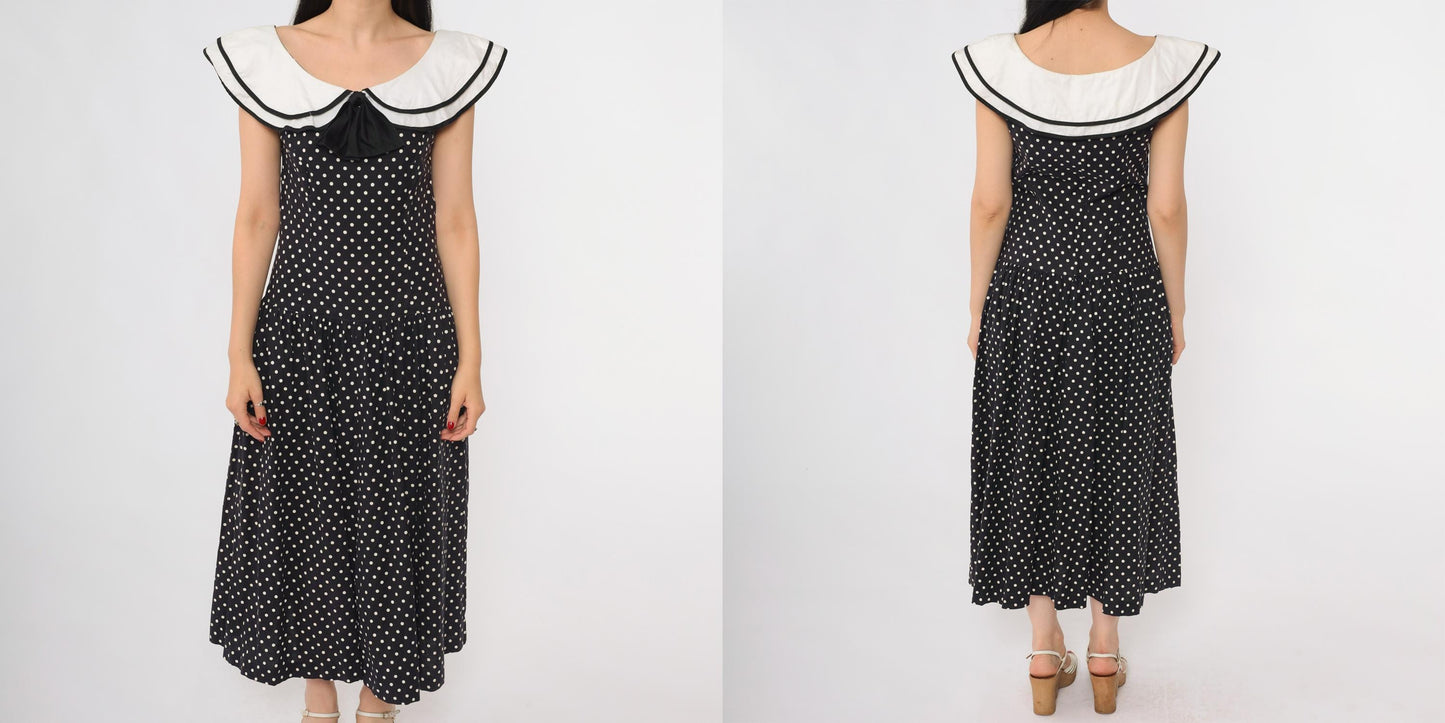 80s Lanz Originals Black White Polka Dot Midi Dress Peter Pan Collar Small