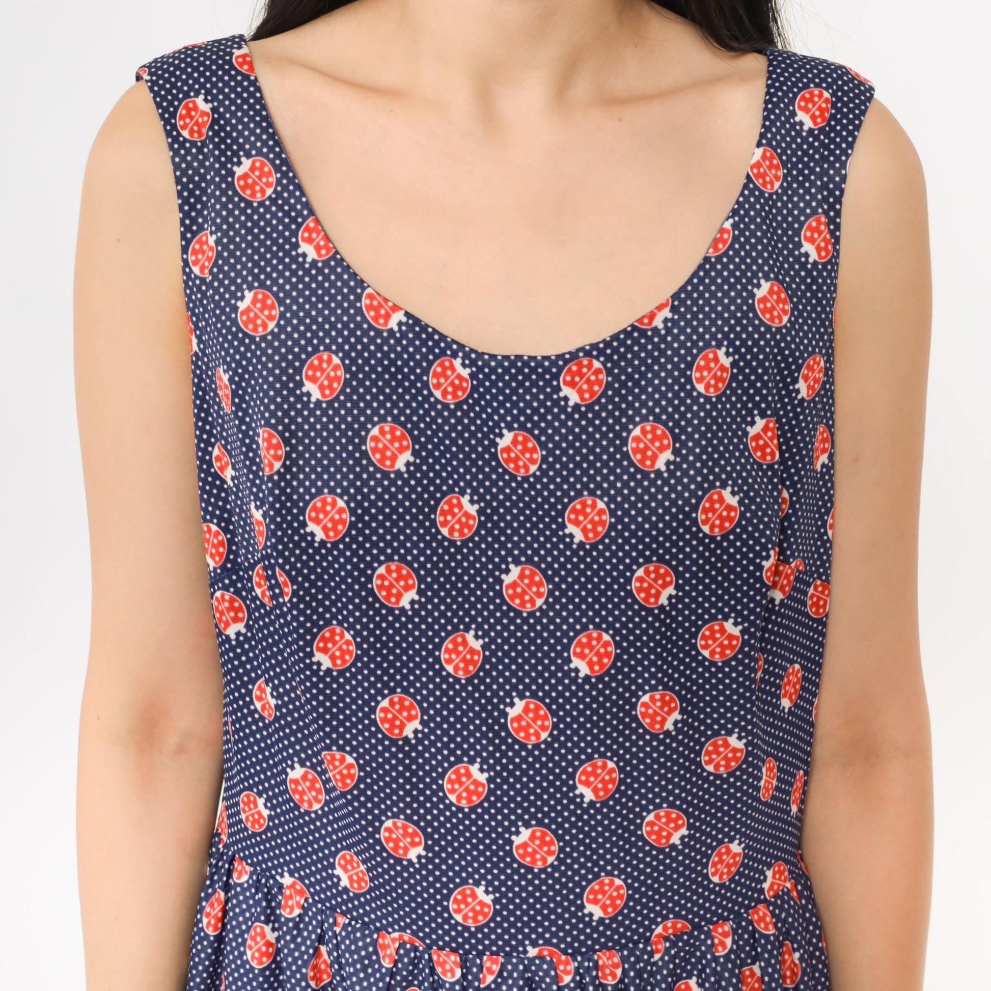 60s Navy Ladybug Polka Dot A-Line Dress Sleeveless Scoop Neck Medium