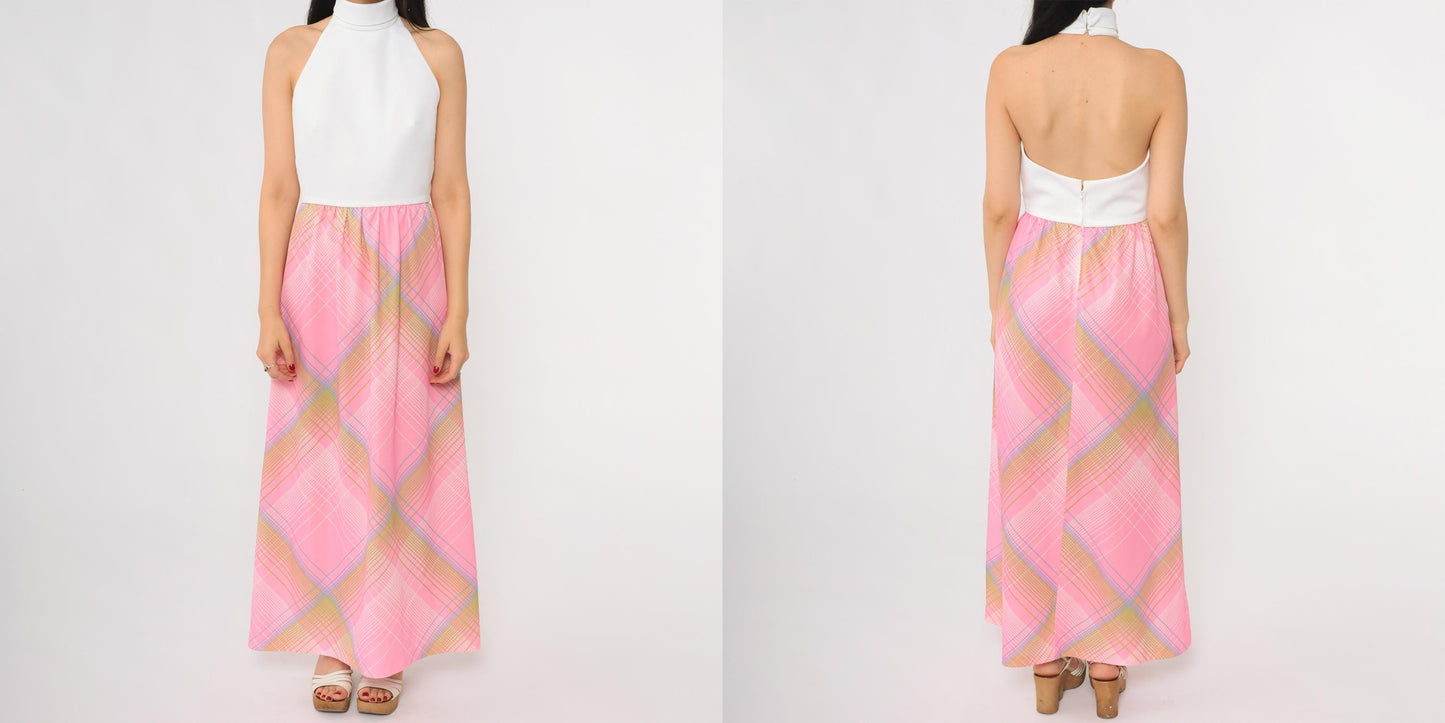 70s Colorblock Halter Maxi Dress Pink Plaid Turtleneck Open Back Small