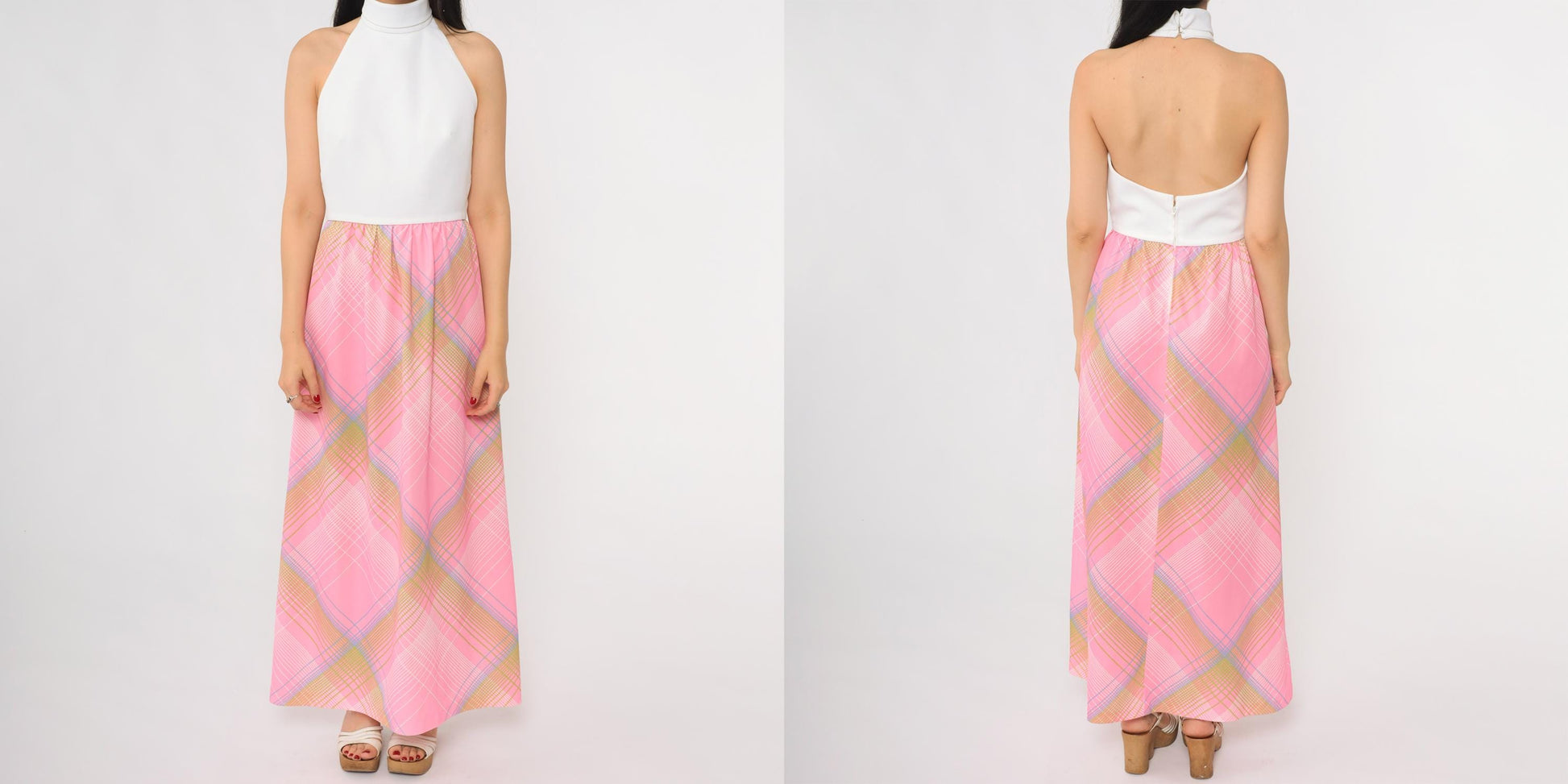 70s Colorblock Halter Maxi Dress Pink Plaid Turtleneck Open Back Small