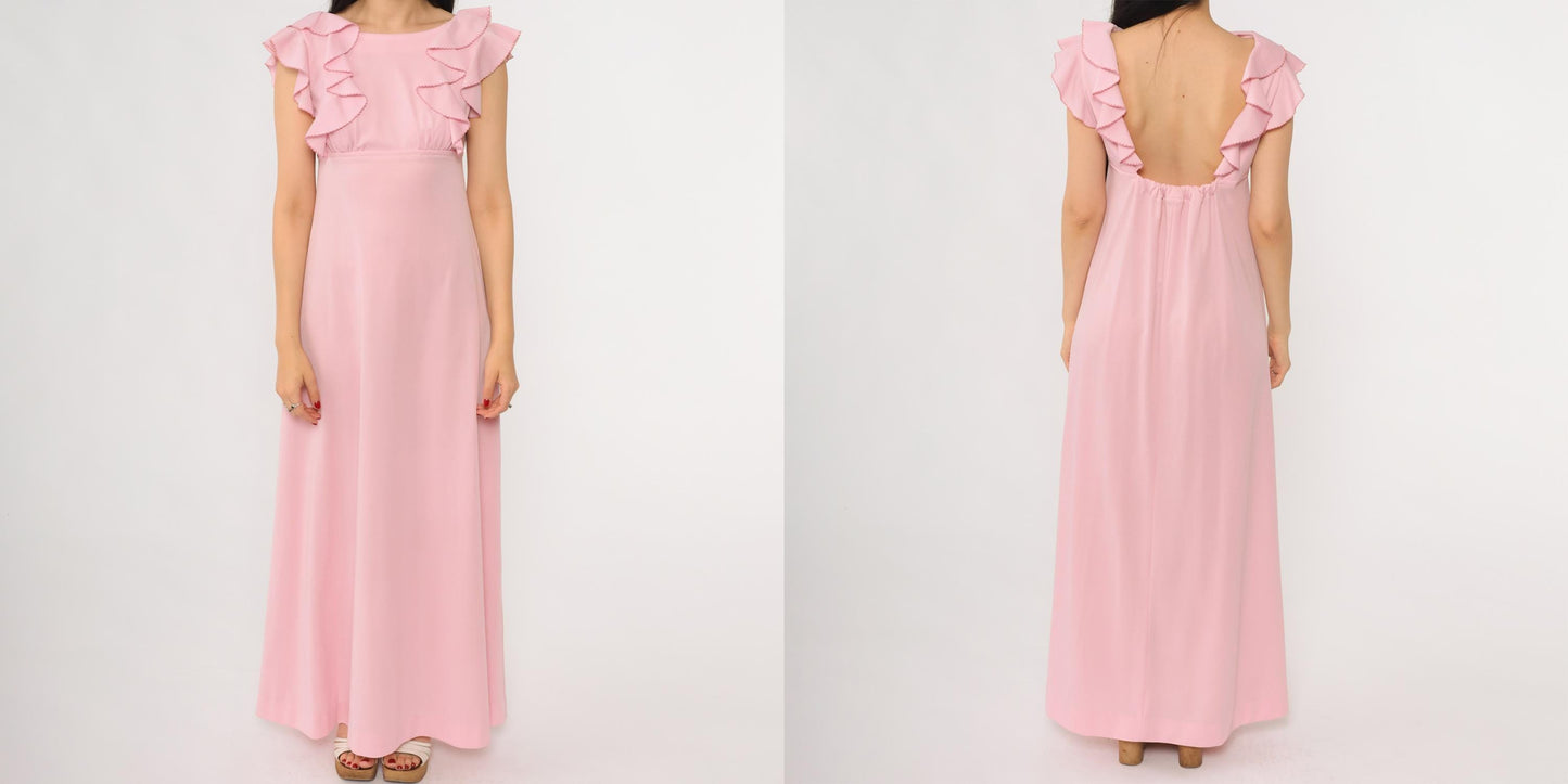 70s Pink Ruffle Maxi Dress Open Back Empire Waist Small