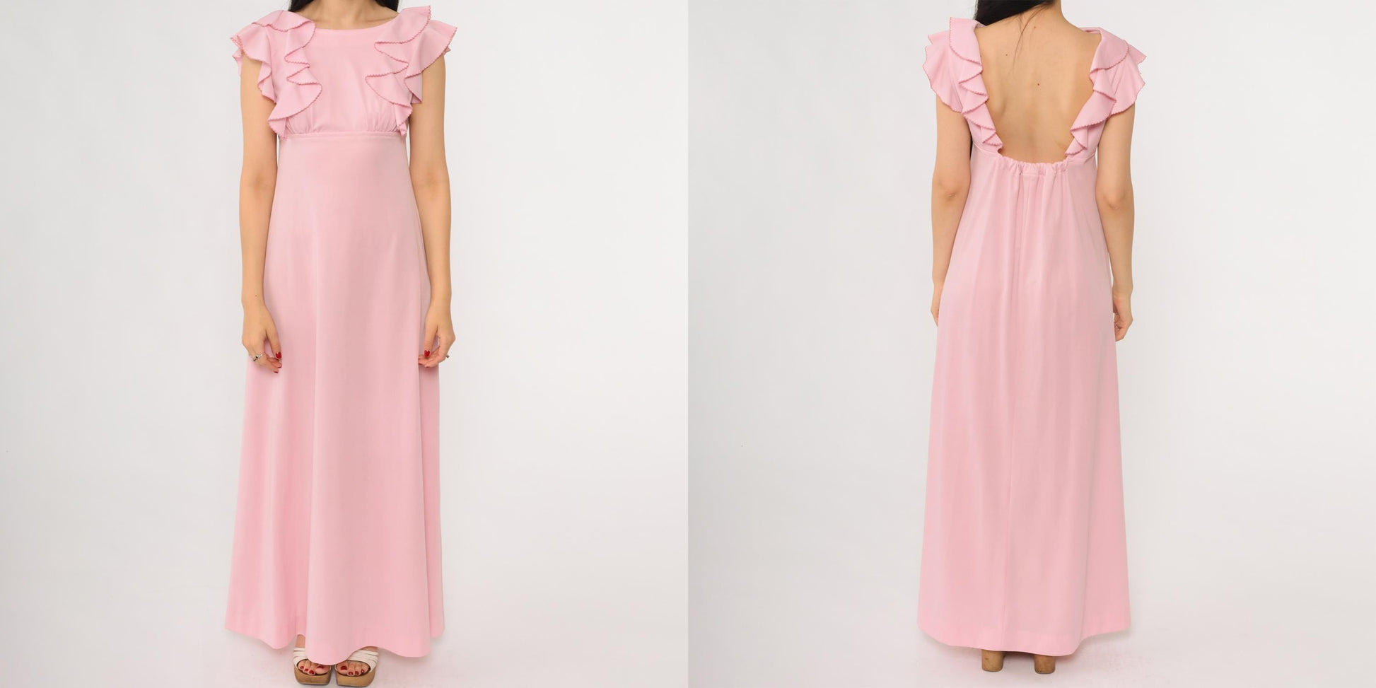 70s Pink Ruffle Maxi Dress Open Back Empire Waist Small