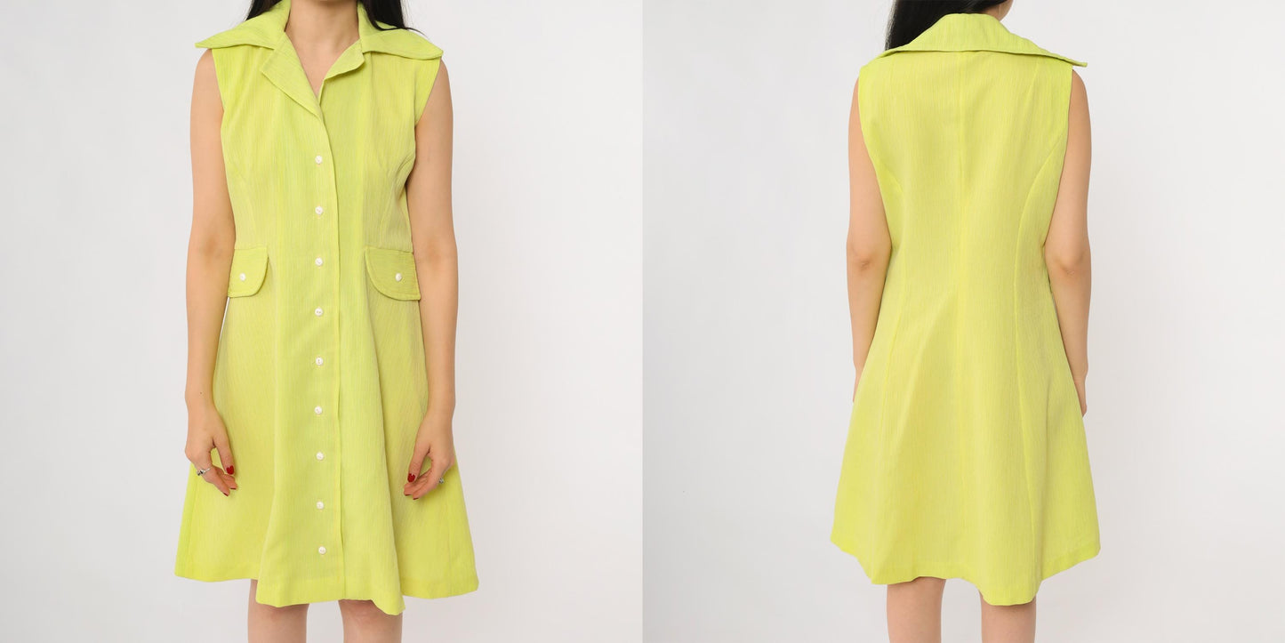 70s Lime Green Mod Mini Dress Pointed Collar A-Line Shift Medium M
