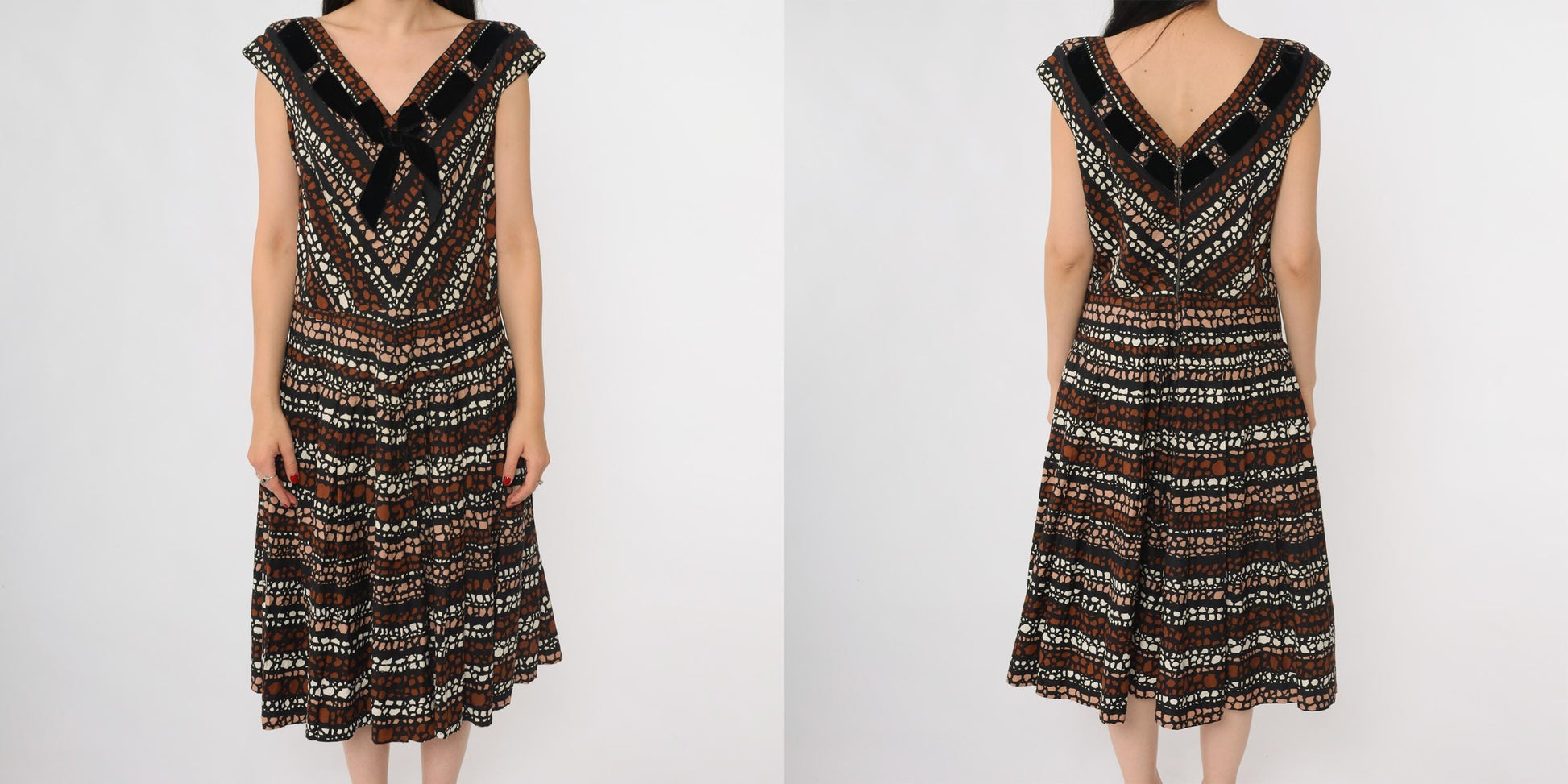 1950s Brown Geometric Print Midi Dress V-Neck Cap Sleeve Large