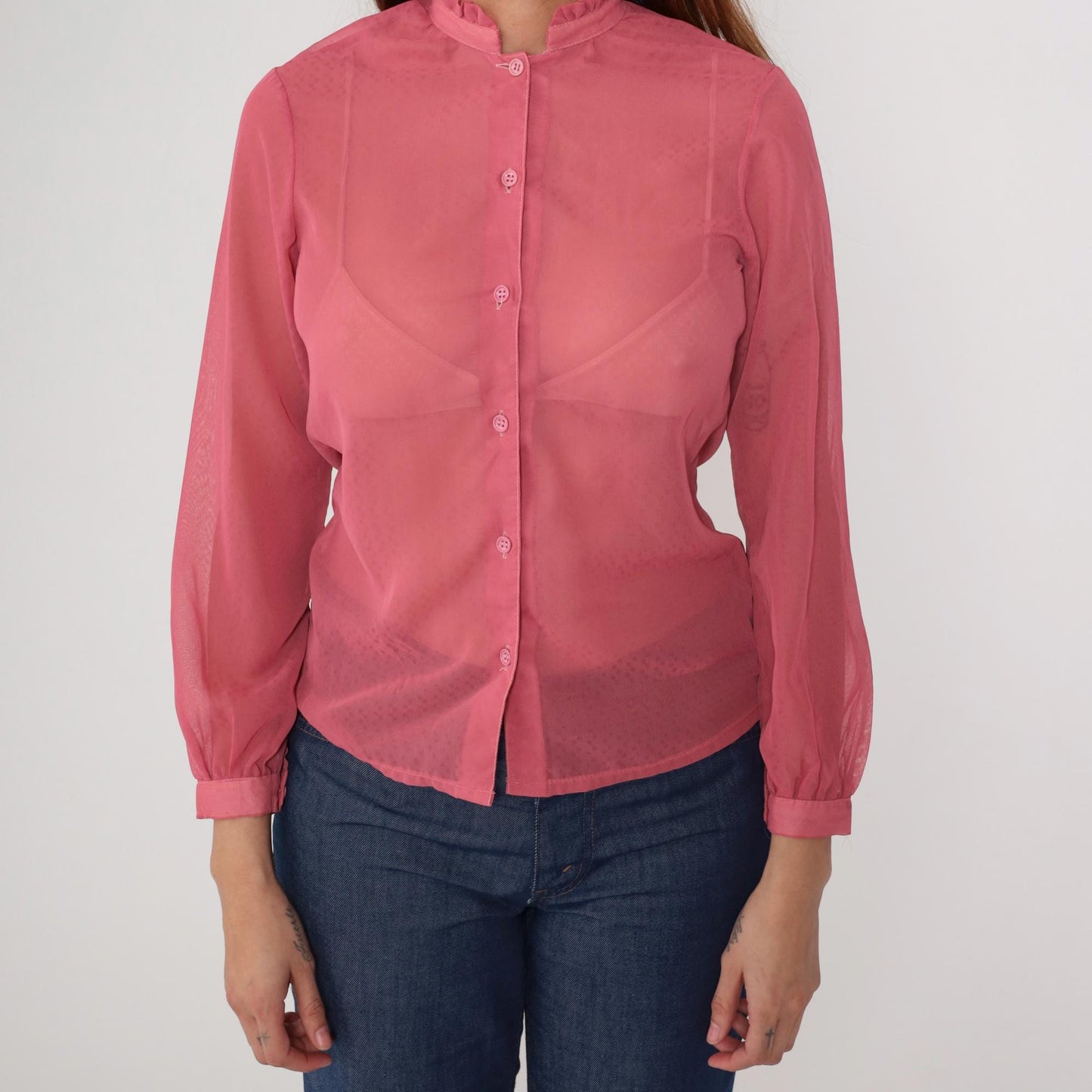 1970s Coral Pink Sheer Blouse Ruffle Collar Button Front Long Sleeve Small