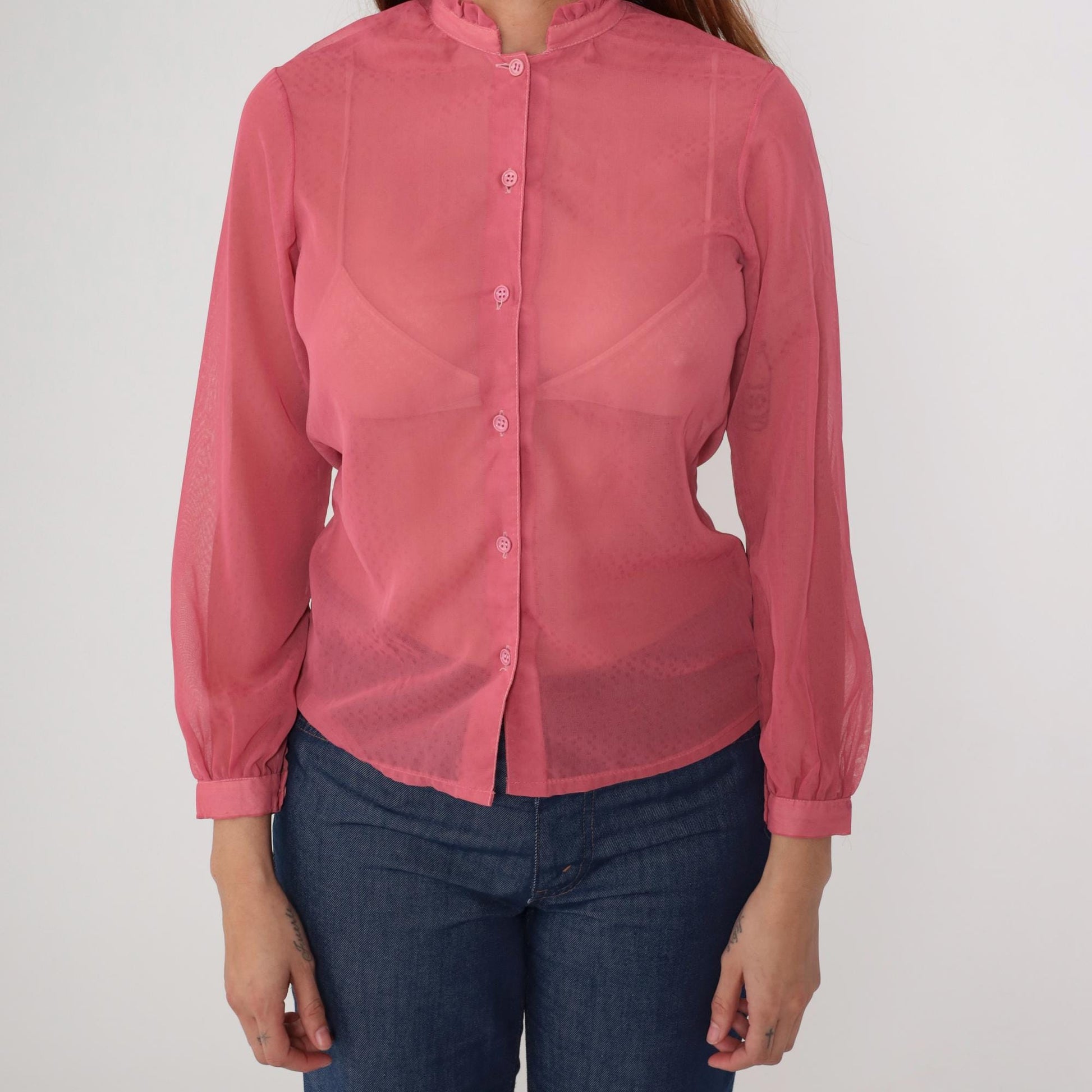 1970s Coral Pink Sheer Blouse Ruffle Collar Button Front Long Sleeve Small