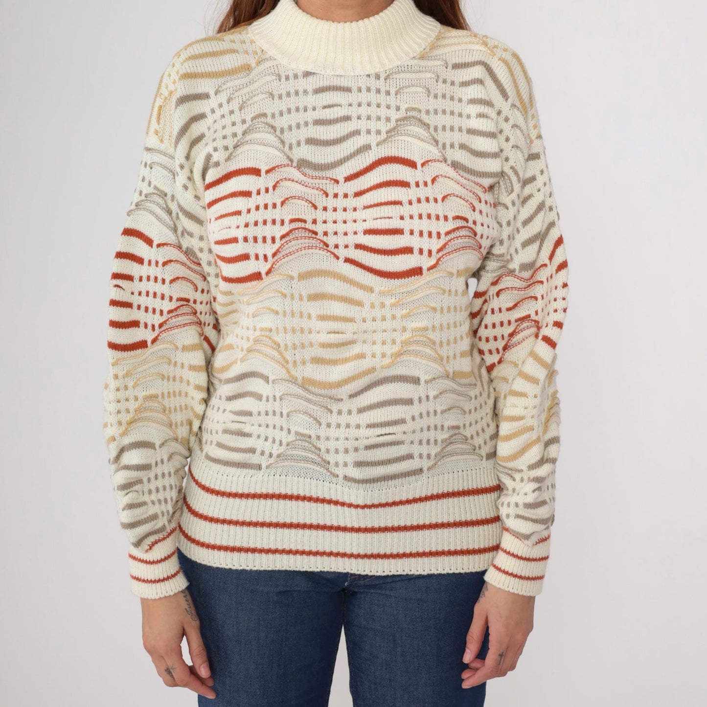 80s Cream Wave Pattern Turtleneck Sweater Red Tan Chunky Knit Small S