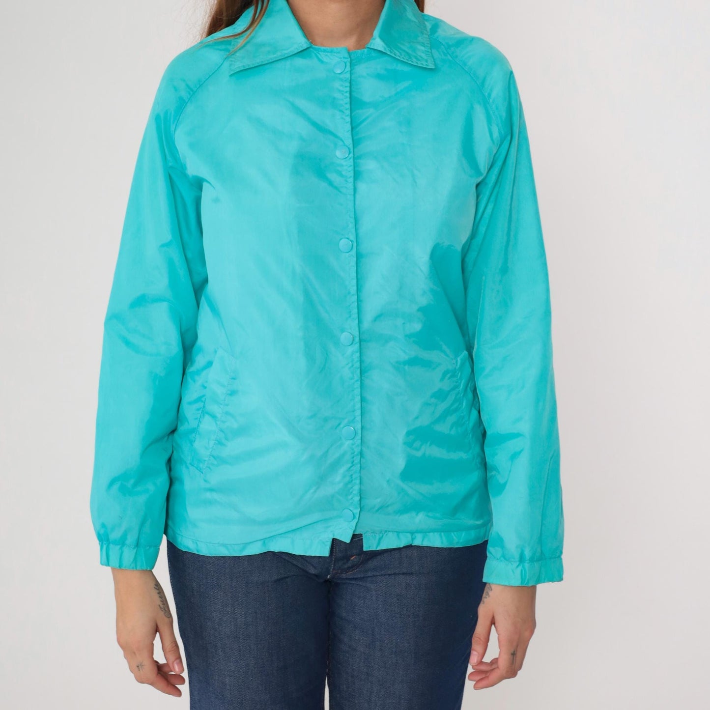 80s Teal Nylon Windbreaker Snap-Up Jacket Cotton Lined Small