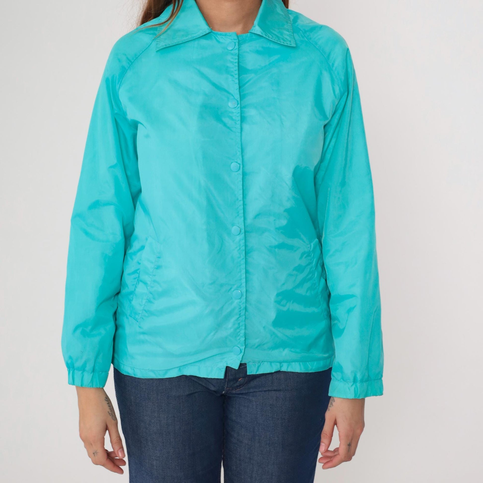 80s Teal Nylon Windbreaker Snap-Up Jacket Cotton Lined Small