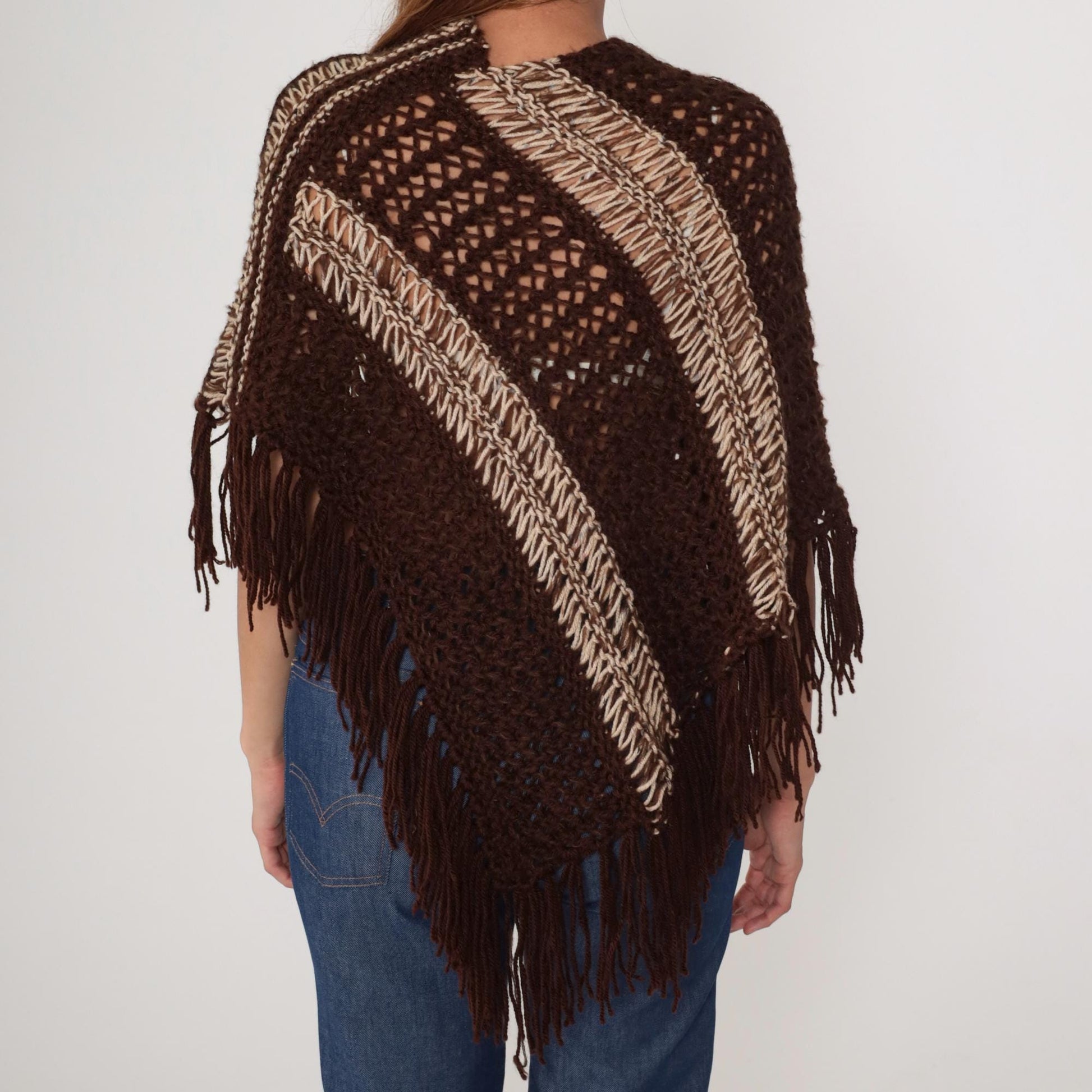 1970s Brown Crochet Poncho Fringe Geometric Stripe Knit Small Medium