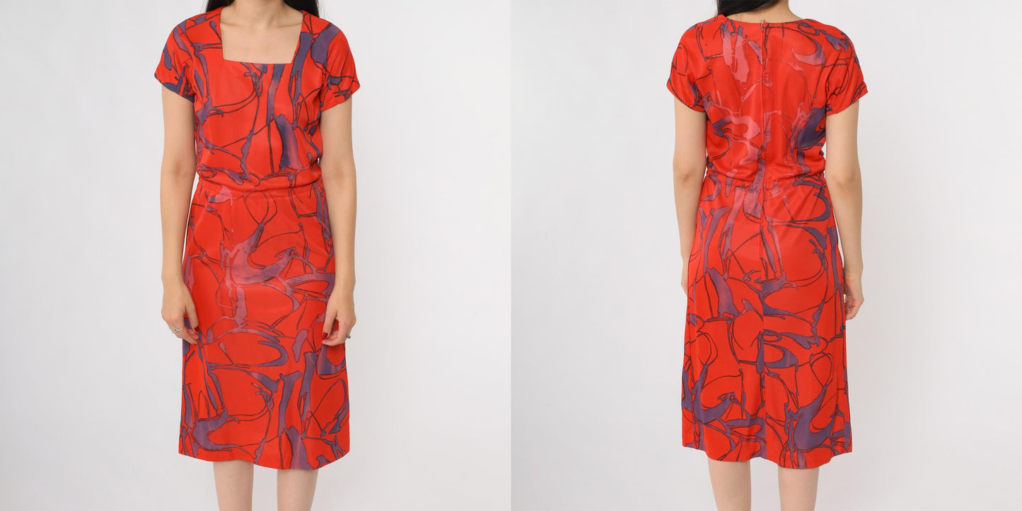 60s Abstract Geometric Dress Red Purple Square Neck A-Line Small